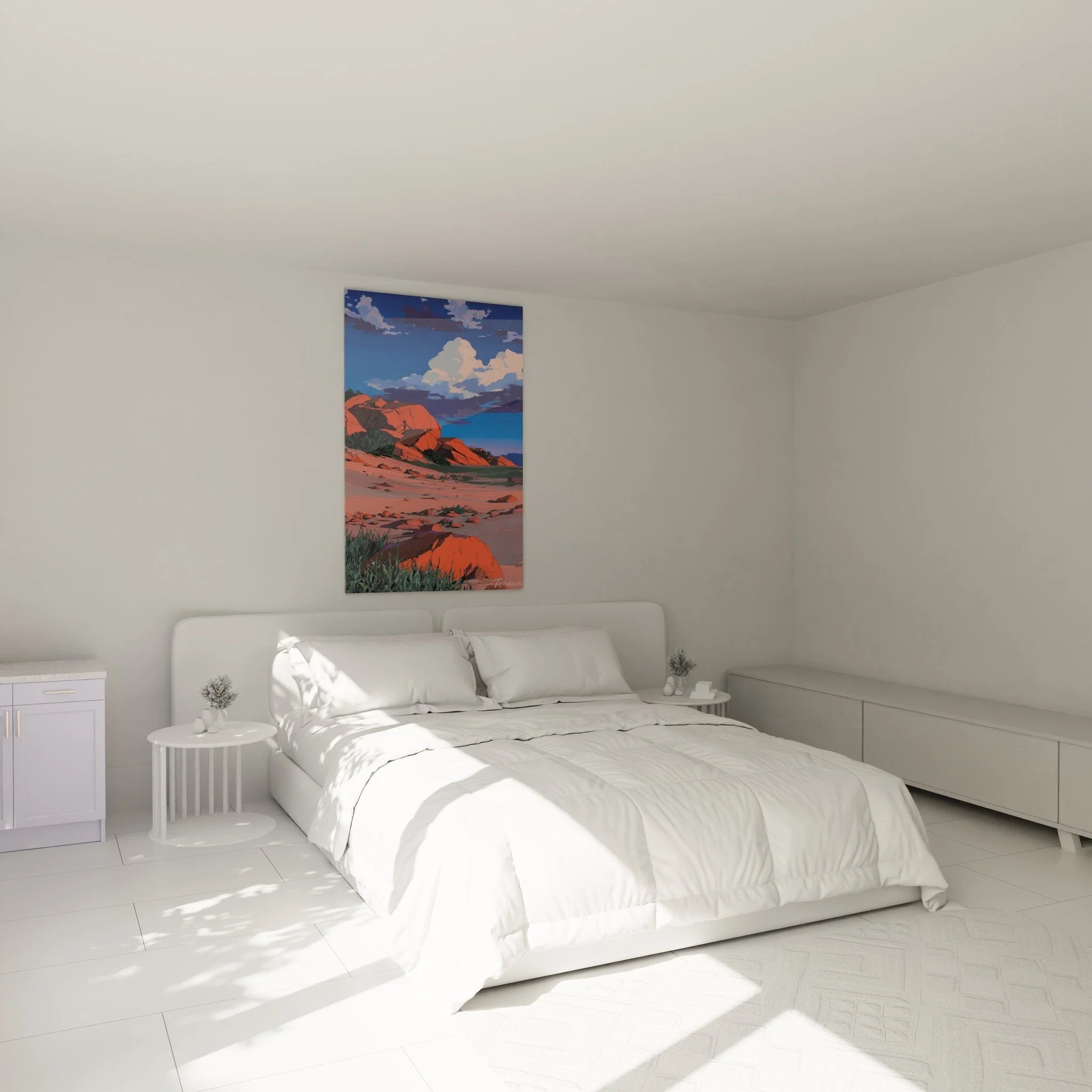 Wüstenlandschaft Wandbild XXL in modernem Schlafzimmer über dem Bett platziert