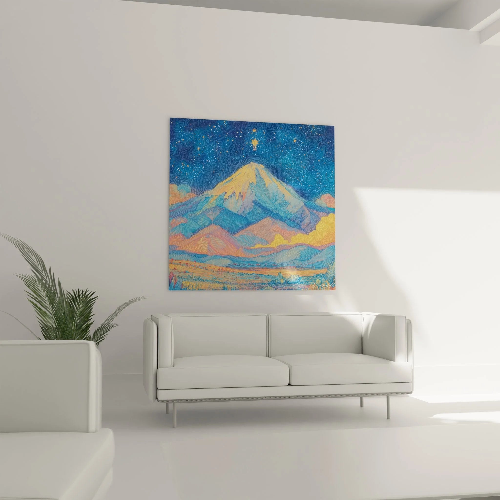 Detailansicht Wüsten Wandbild - Wirbelnde Sterne und Bergketten in expressiver Malweise und lebendigen Farben