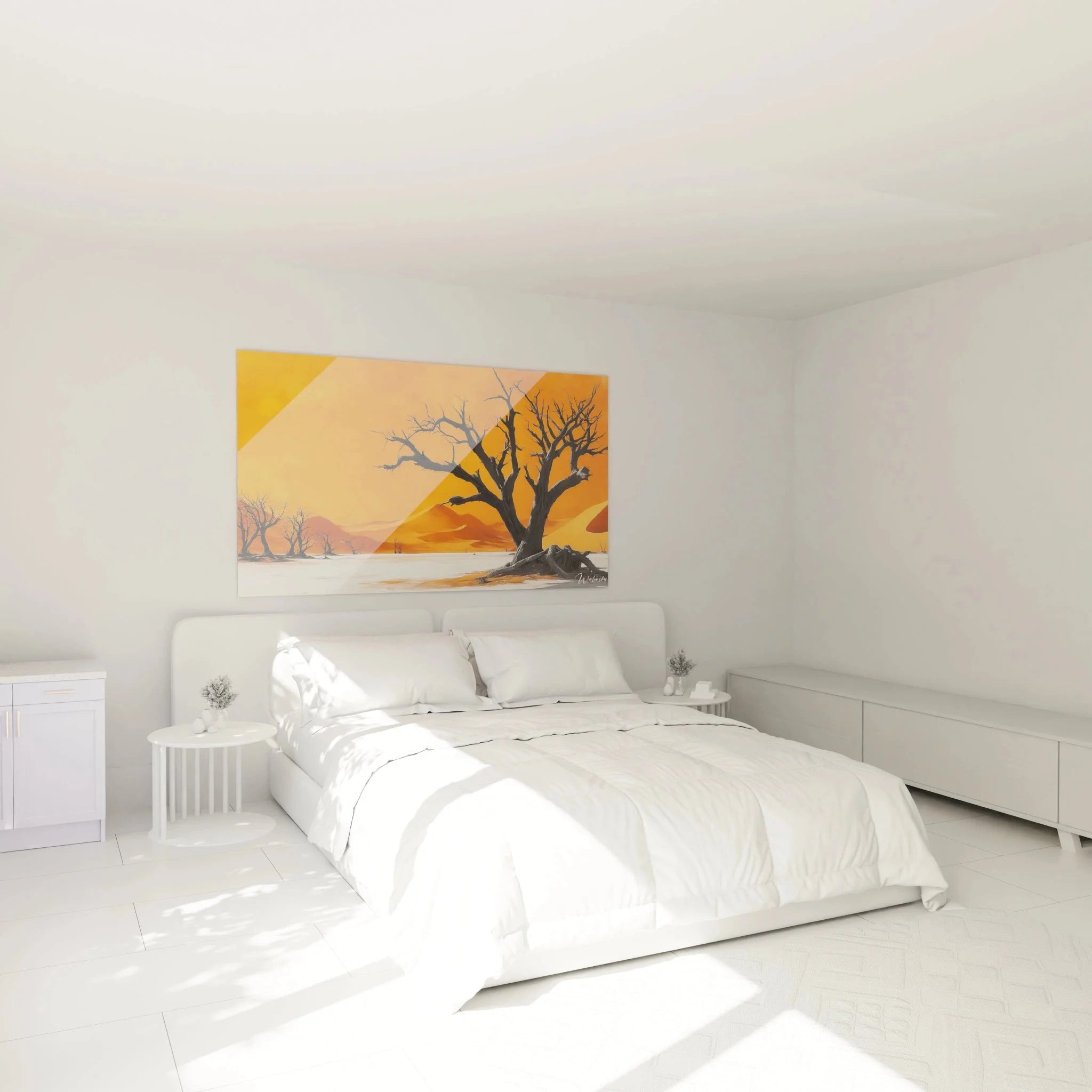Wüstenbäume Wandbild XXL orange Sonnenuntergang als moderne Schlafzimmer Wanddeko über dem Bett