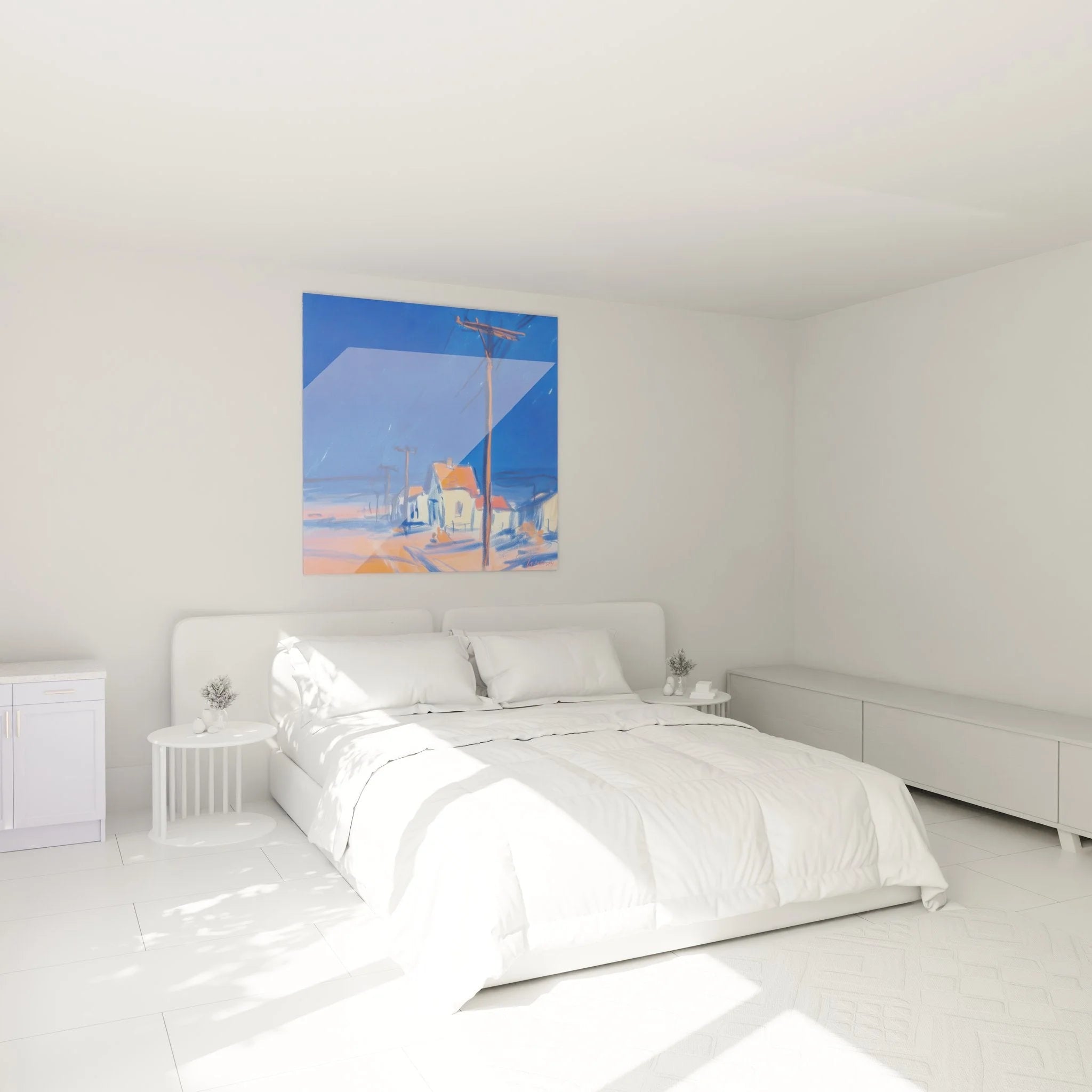 Wüstenstadt Wandbild im Schlafzimmer, blaue Nachtszene mit Strommasten, moderne Wanddekoration