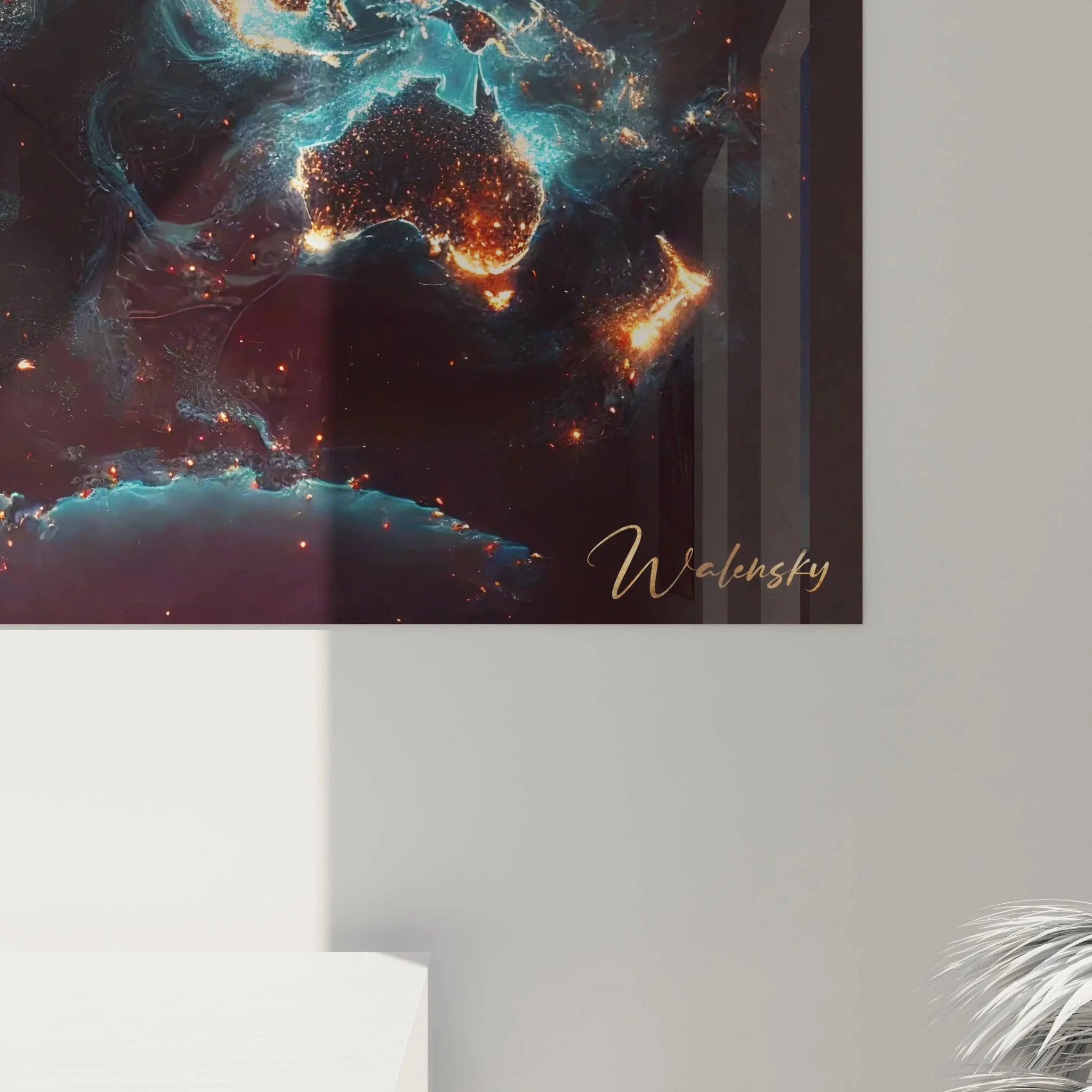 Gesamtansicht XXL Leinwand Weltkarte bei Nacht mit allen Kontinenten in spektakulärer Beleuchtung