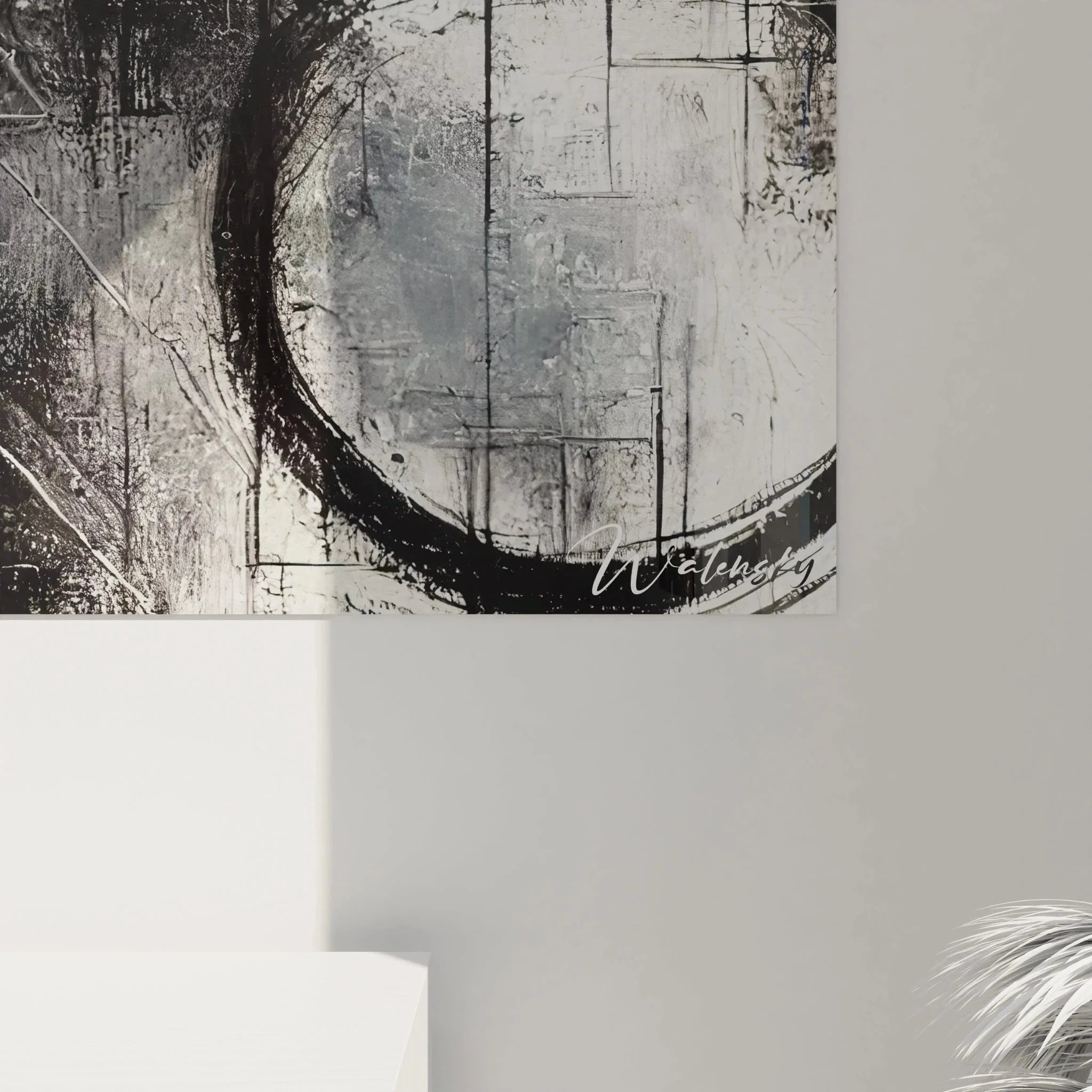 Großformat Wandbild abstrakte Geometrie komplett sichtbar an weißer Wand montiert