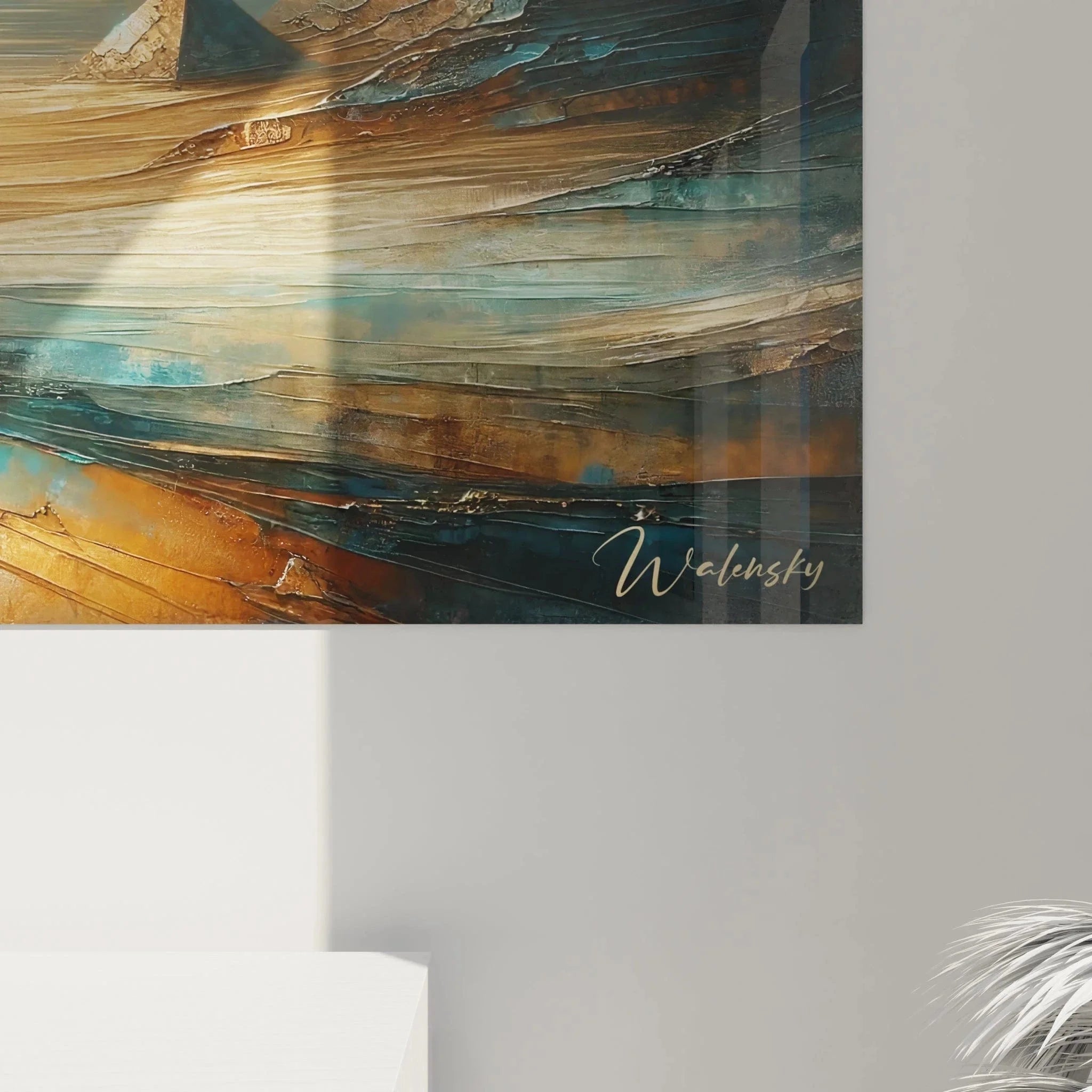 Gesamtansicht des XXL Wandbildes abstrakte Pyramiden in mystischer Landschaft