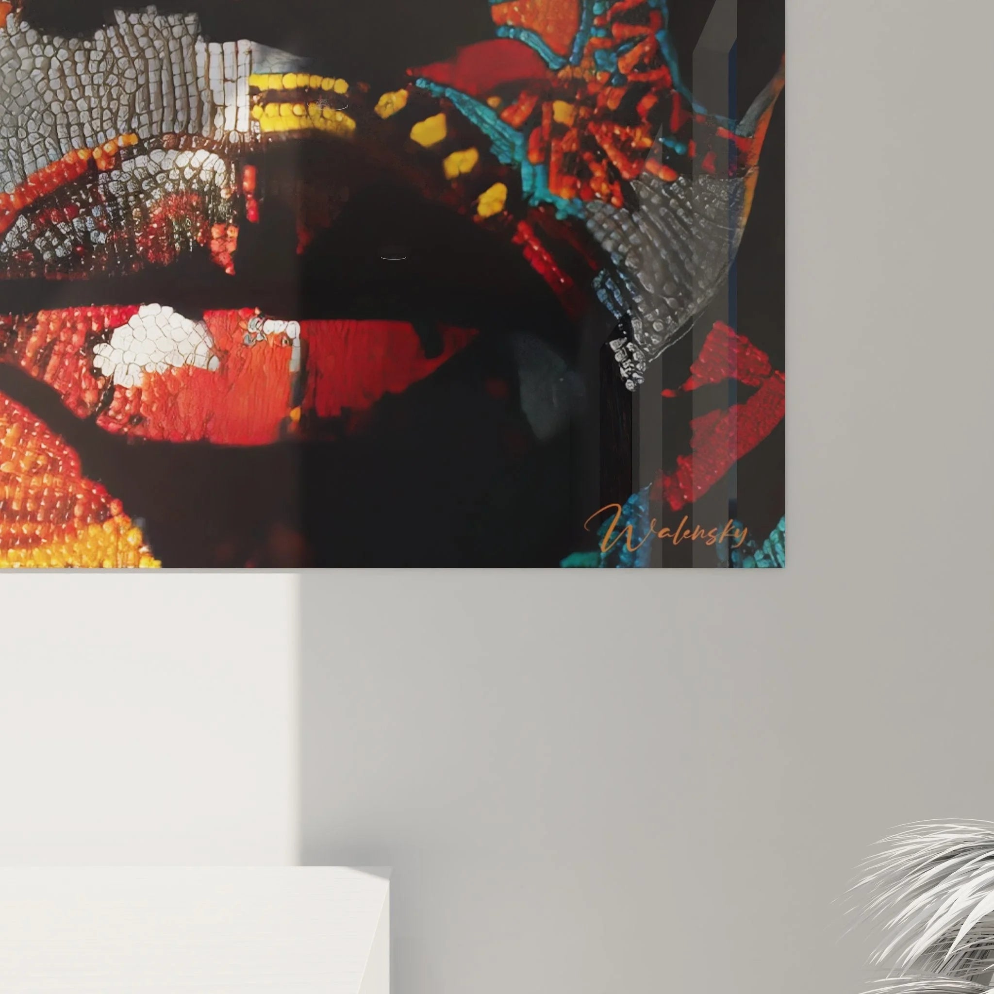 Gesamtansicht farbenprächtiges XXL Wandbild abstrakte afrikanische Frau für Wohnraumdekoration