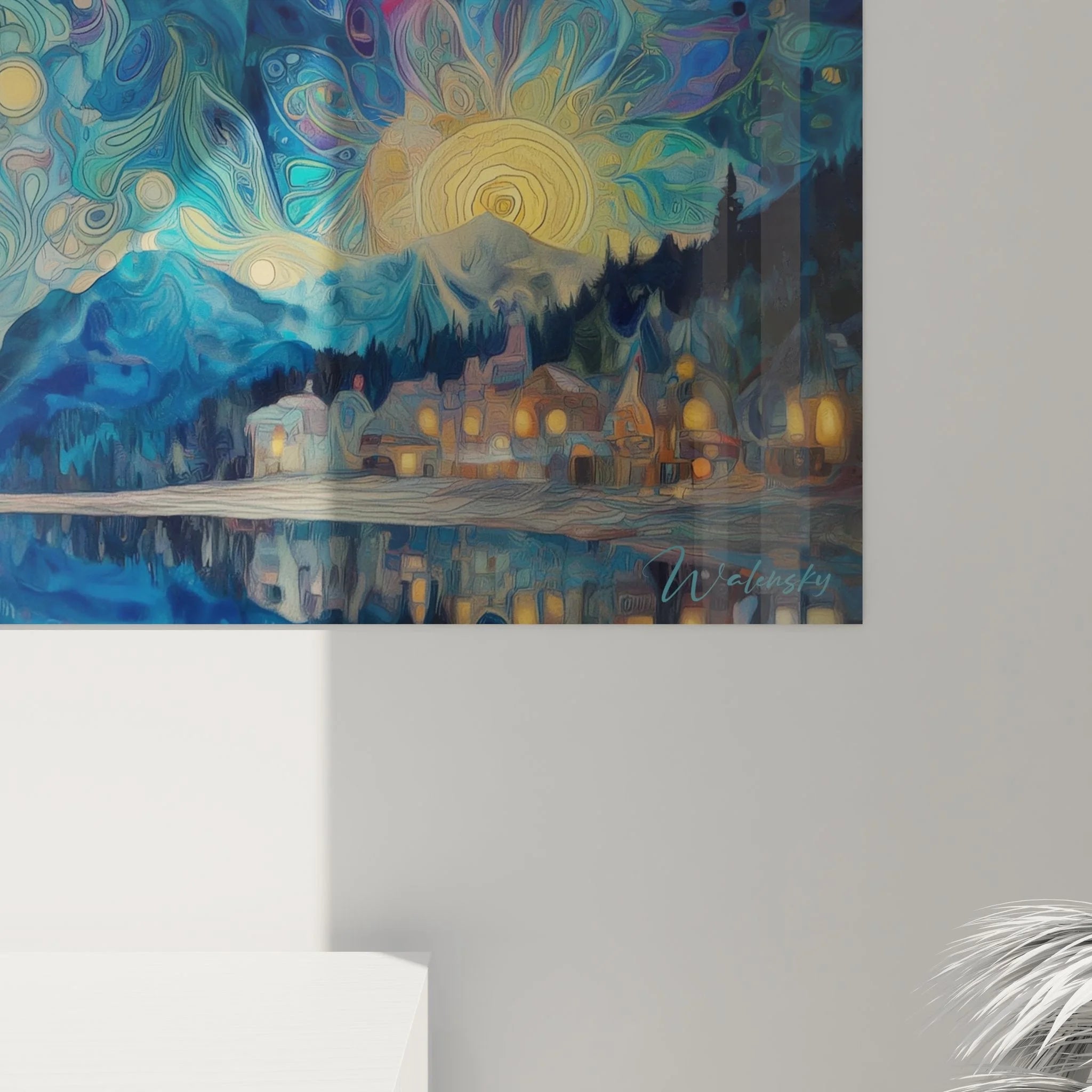 Komplettansicht des XXL Wandbildes Bergsee mit Bergpanorama und wirbelndem Himmel als Wanddeko