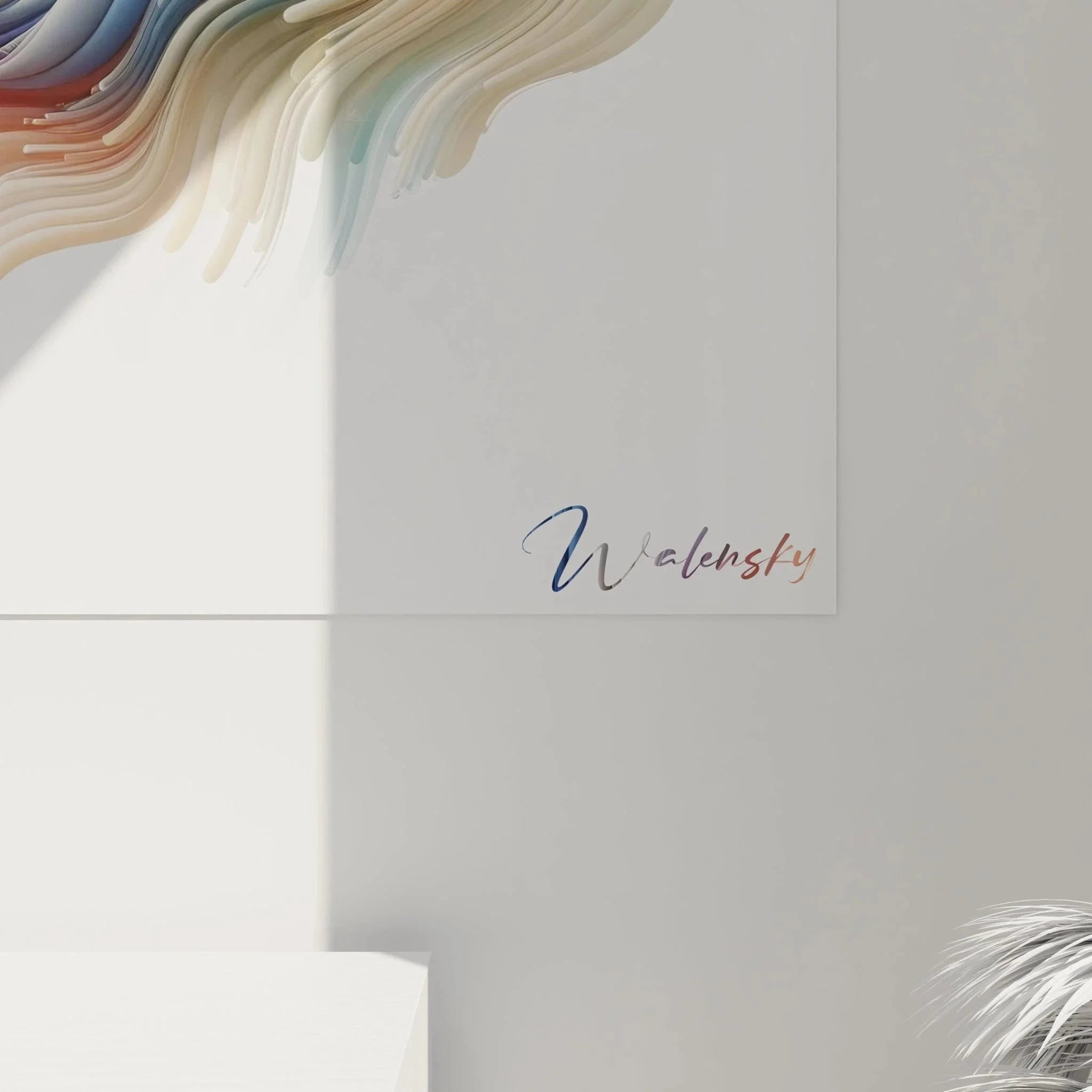 Gesamtansicht des XXL Wandbildes mit dynamischen Wellen in Blau-Weiß-Orange