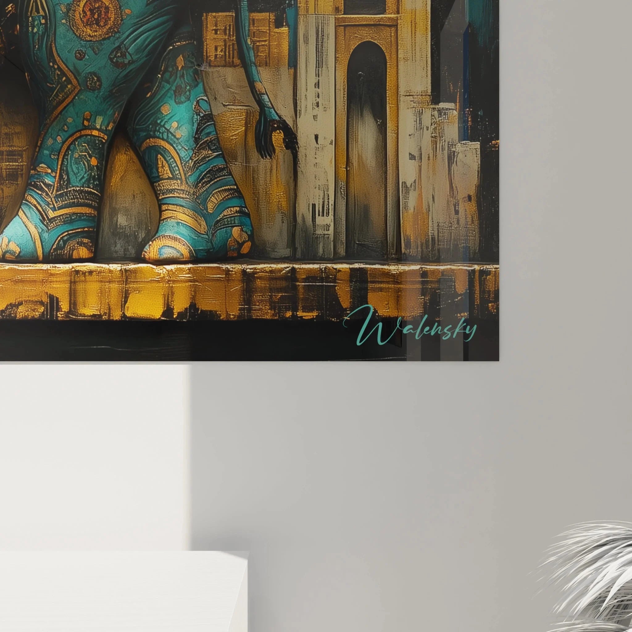 Gesamtansicht XXL Wandbild Elefant Stadtsilhouette mystische Atmosphäre Sterne Himmel