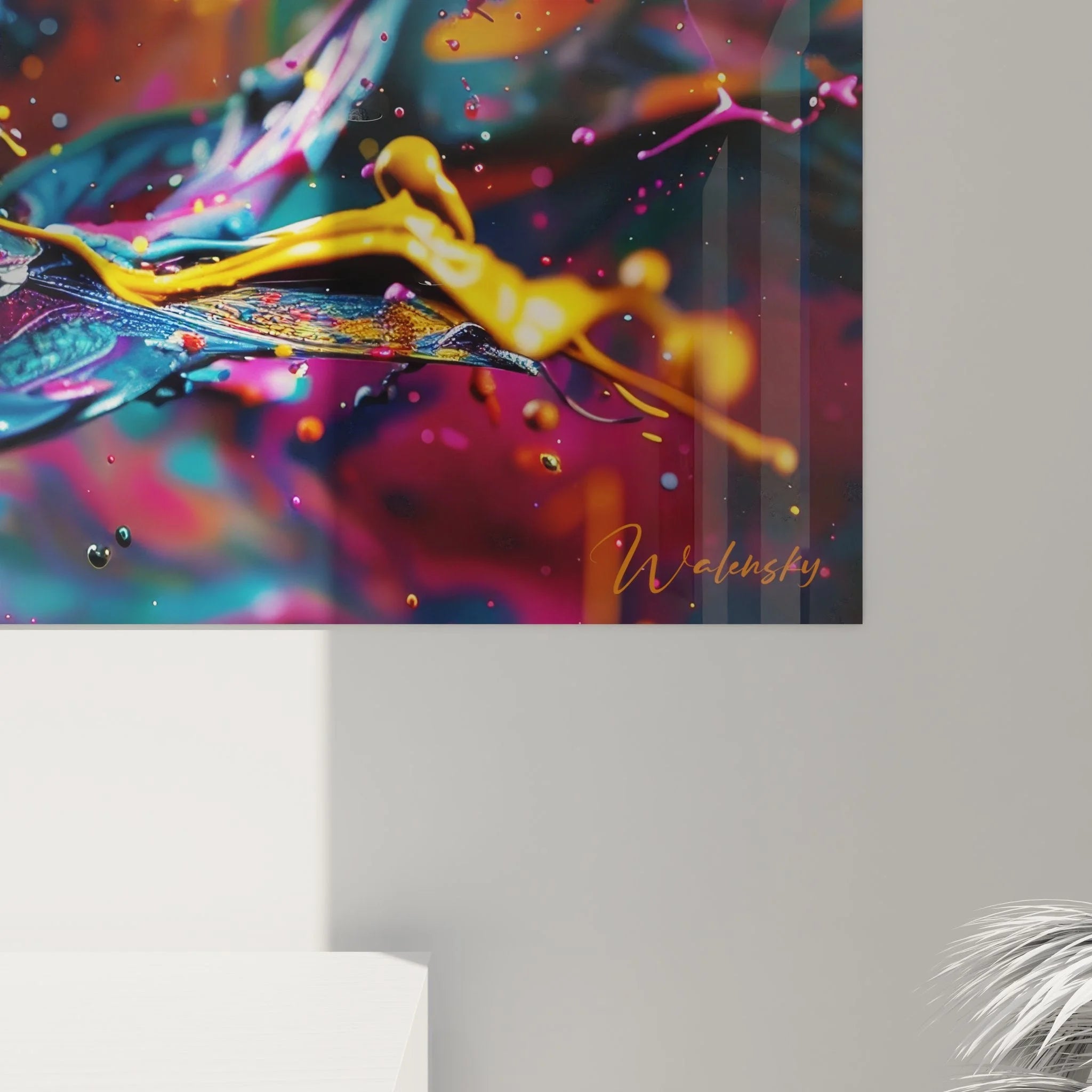 Gesamtansicht des XXL Wandbildes Farbexplosion mit spektakulären Farbverläufen und Spritzeffekten