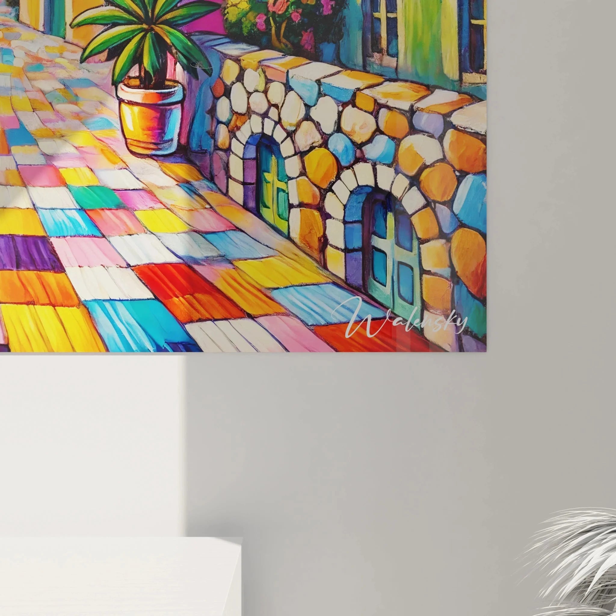 Komplettansicht des XXL Wandbildes mediterrane Küstenstadt in fauvistischer Maltechnik