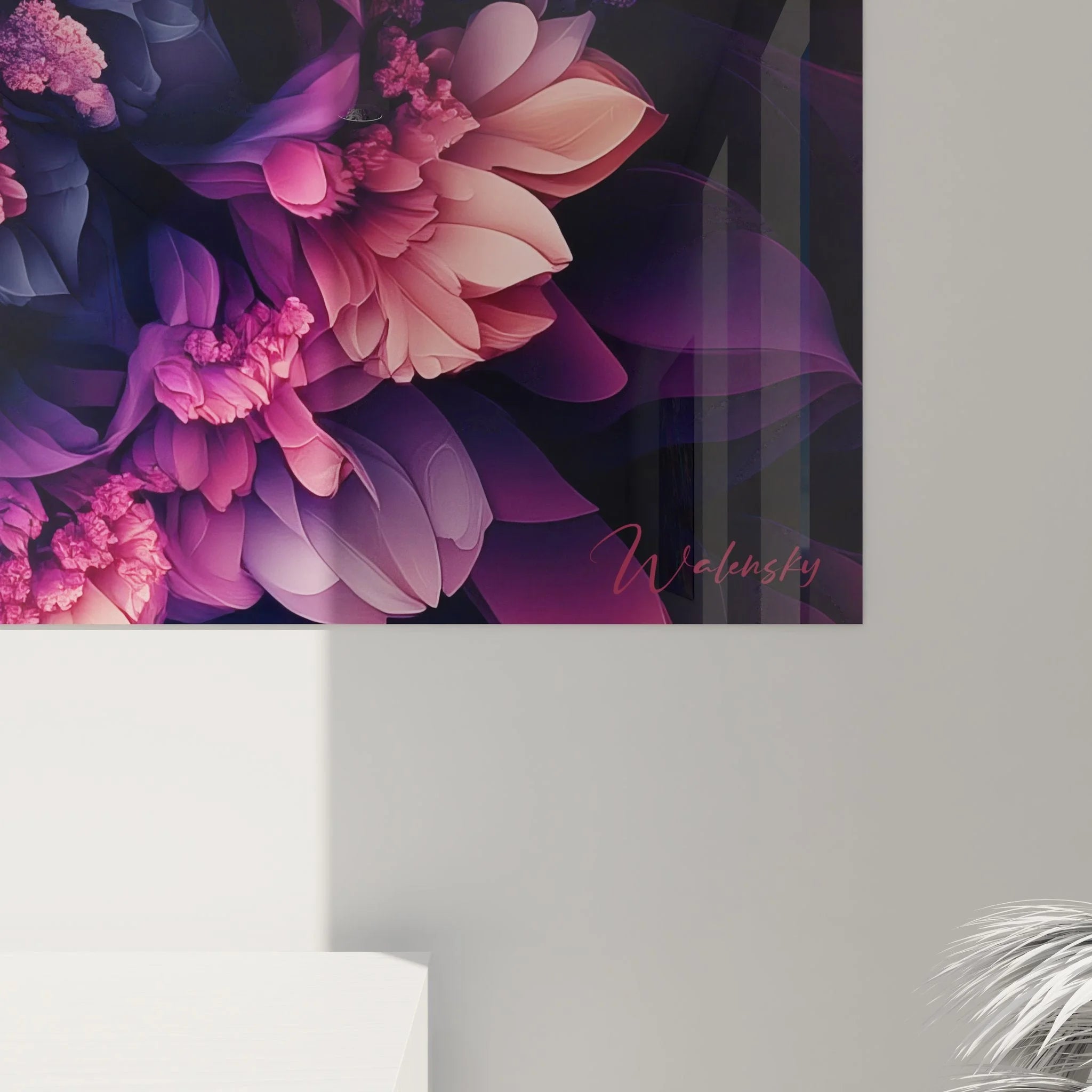 Gesamtansicht des XXL Fraktal Wandbildes mit komplexer Mandala-Struktur und harmonischer Farbkomposition