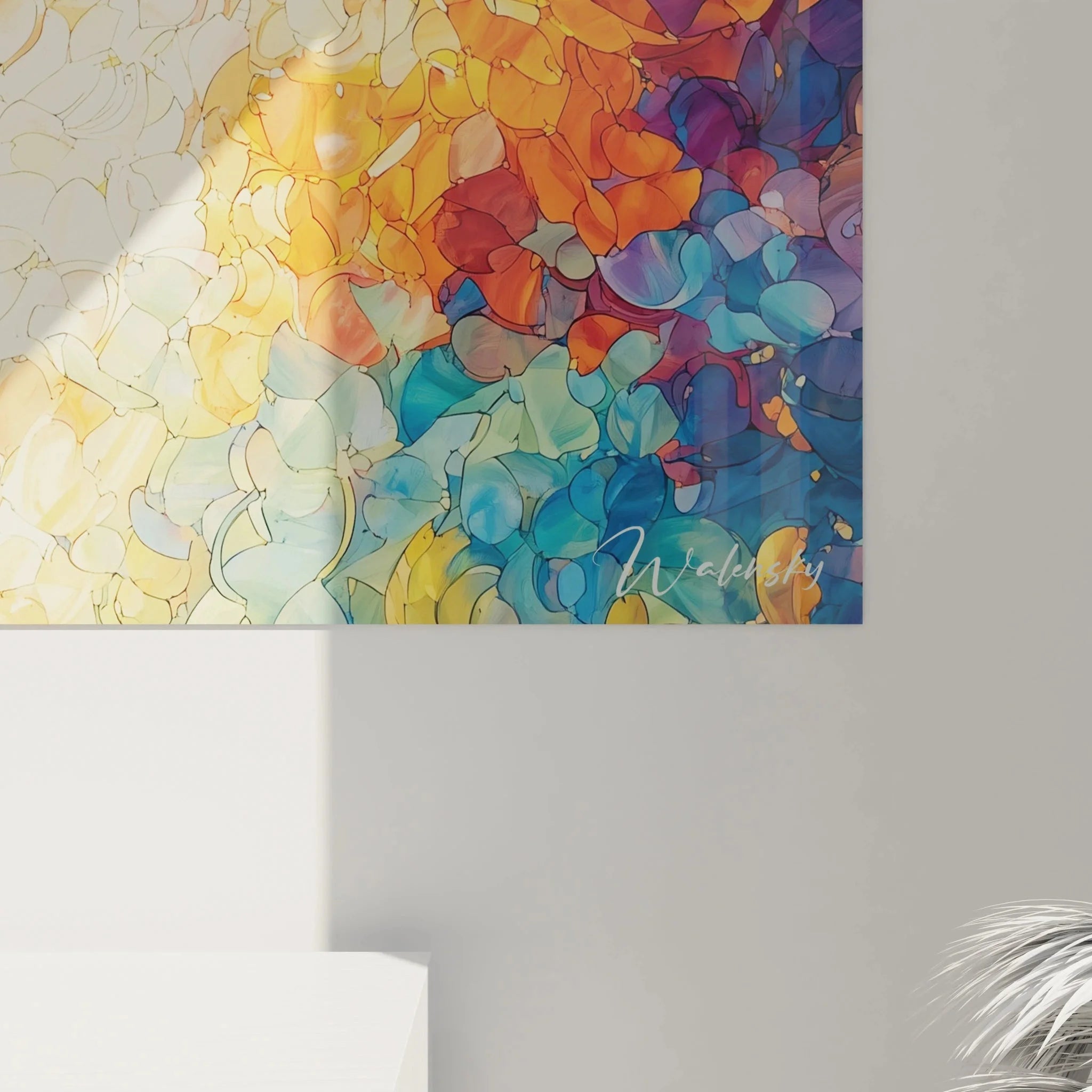 Gesamtansicht XXL Wandbild Frauenportrait im Pointillismus Stil als moderne Raumdekoration