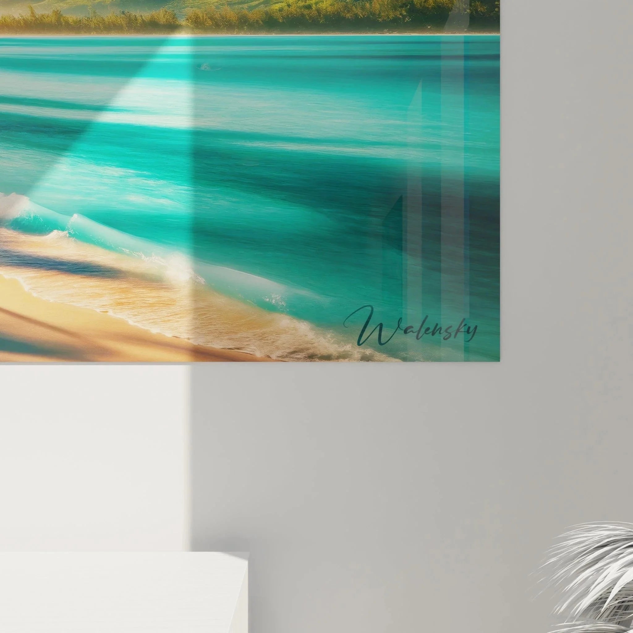 Gesamtansicht wandbild xxl tropischer strand palmenparadies sonnenuntergang berge türkises meer