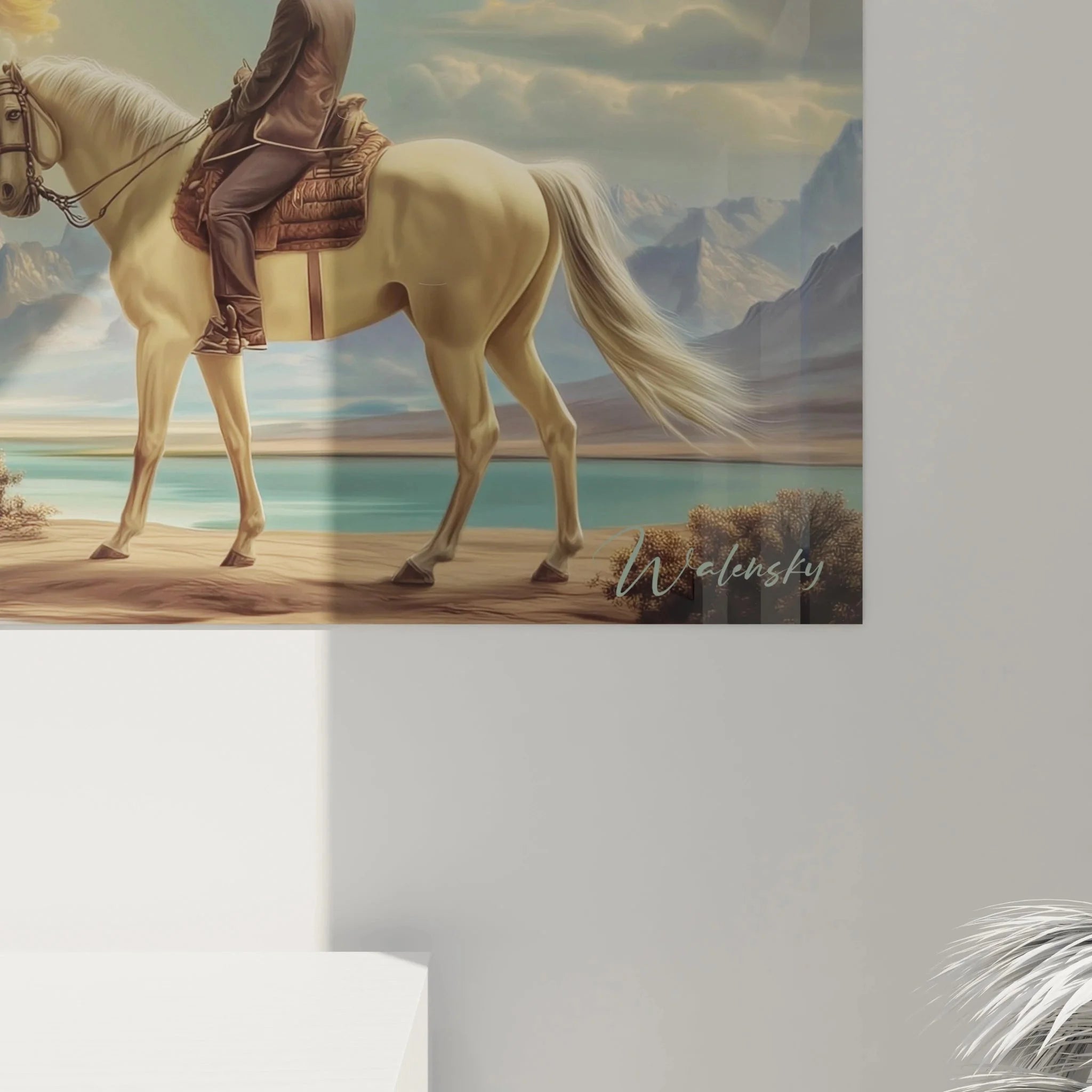 Gesamtansicht XXL Wandbild Reiter mit mystischer Landschaft und Planetenhimmel