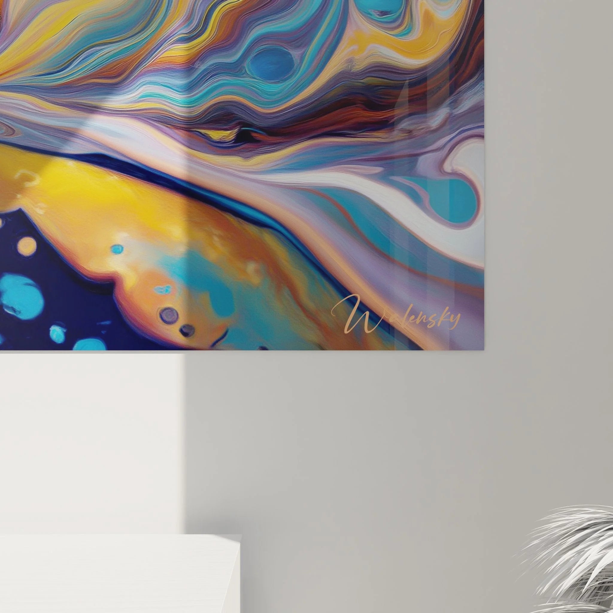 Gesamtansicht des XXL Wandbildes abstrakte Wasserfalllandschaft mit psychedelischen Farbmustern