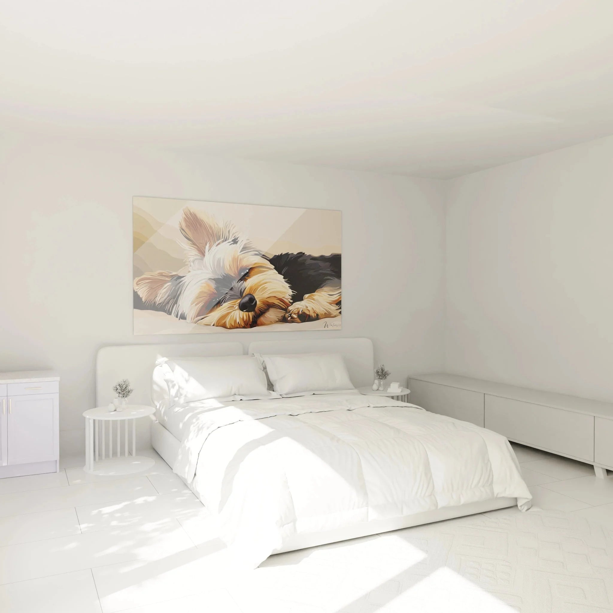 Yorkshire Terrier Wandbild in gemütlichem Schlafzimmer - moderne Hundekunst als Wanddekoration