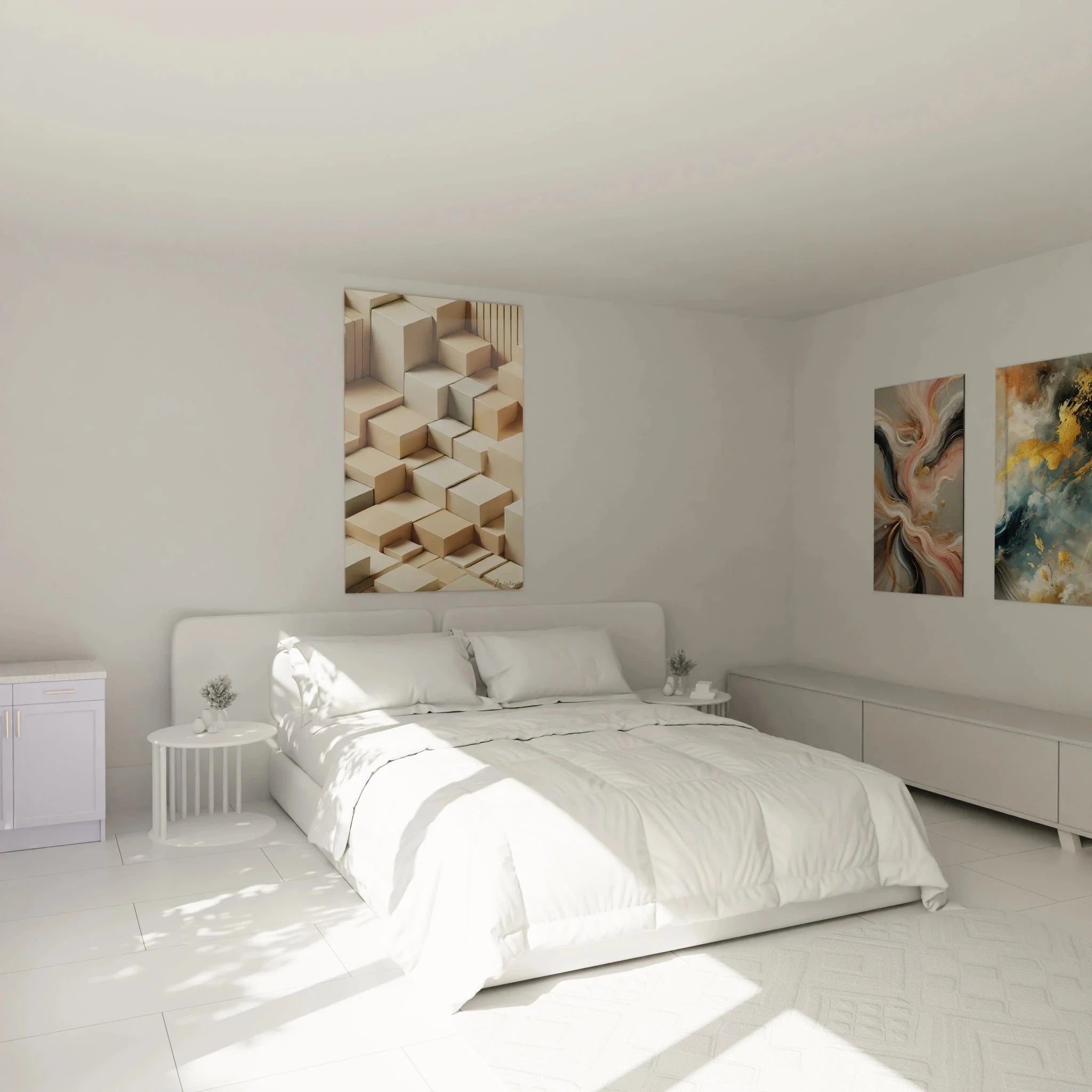 3D Würfel Wandbild in Schlafzimmer Ambiente - Beige geometrische Wanddekoration über dem Bett