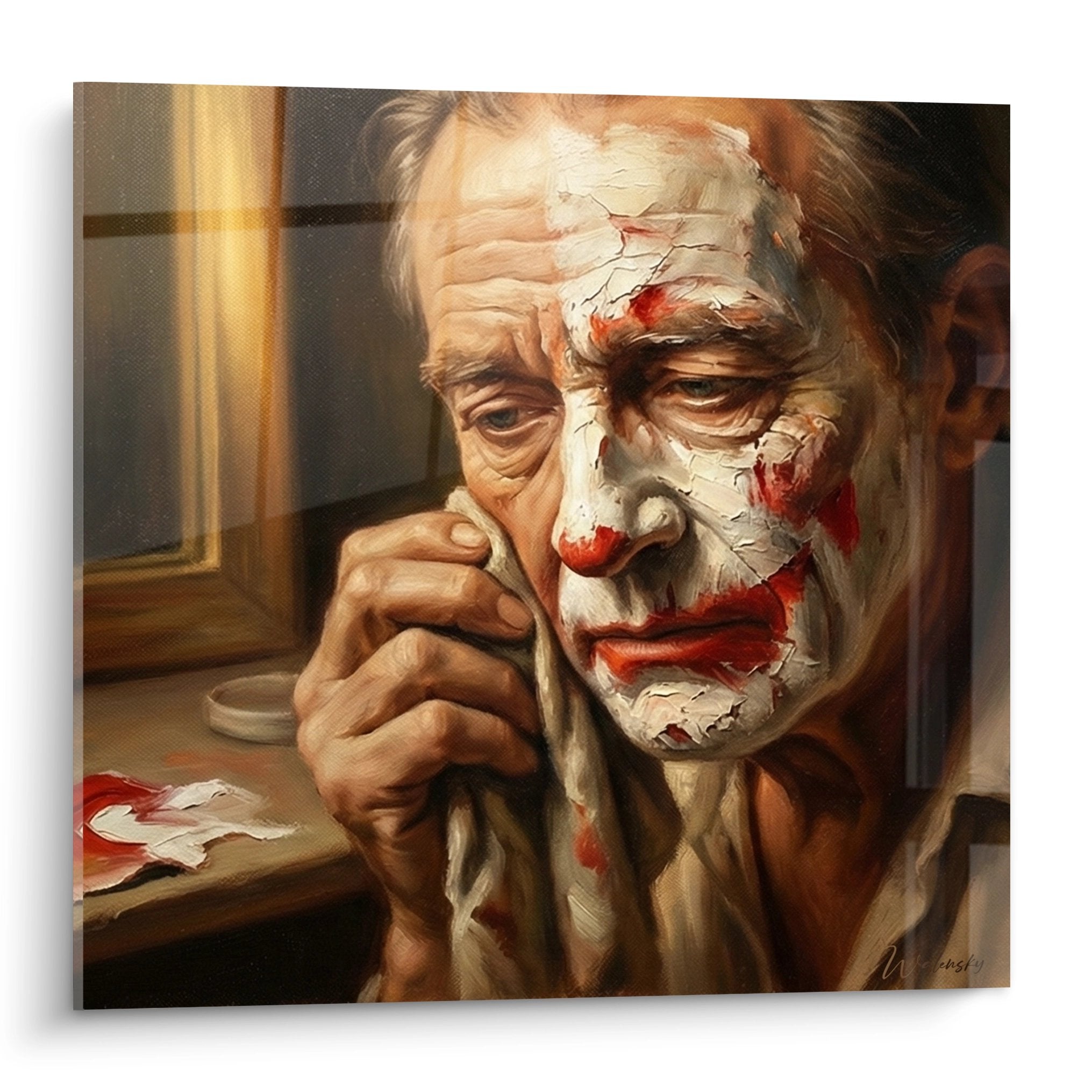 Wandbild zeigt Clown beim Schminken vor Spiegel mit weißem Make-up und roten Akzenten in warmer Backstage-Atmosphäre