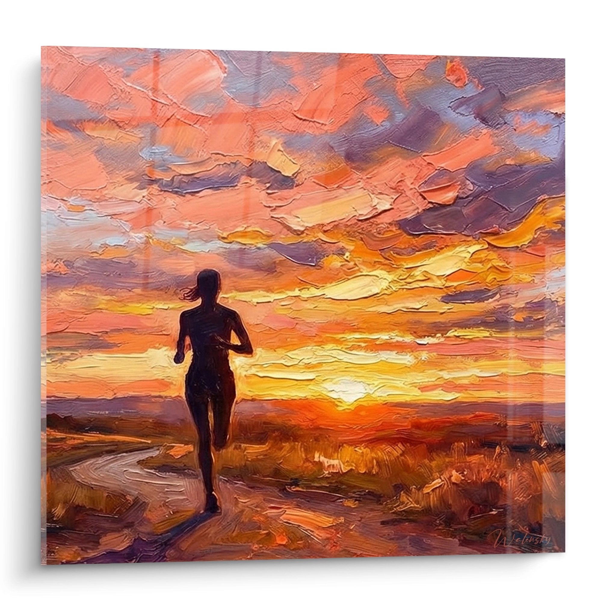 Wandbild Läuferin als Silhouette vor dramatischem Sonnenuntergang in warmen Orange- und Violetttönen