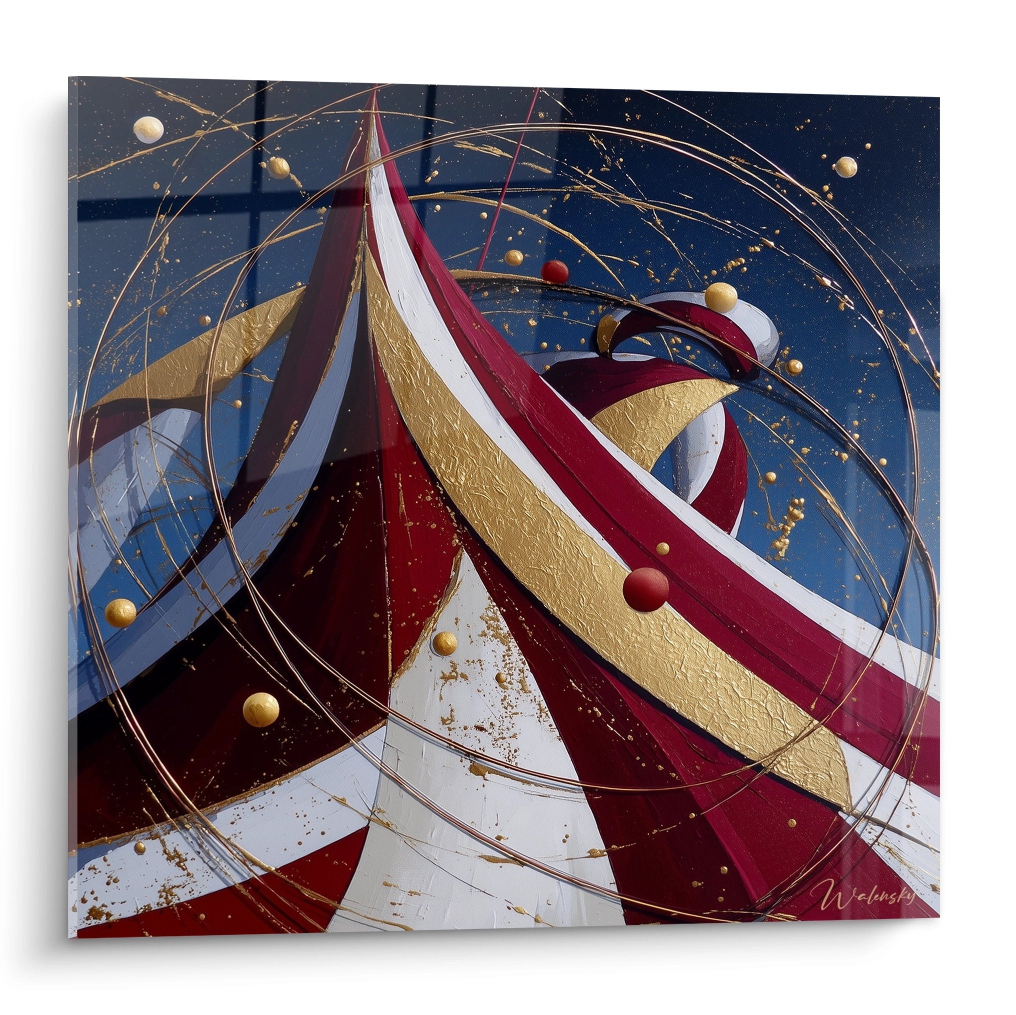 Abstraktes Wandbild Zirkuskuppel in Gold, Rot und Blau mit spiralförmigen Bewegungen und schwebenden Kugeln