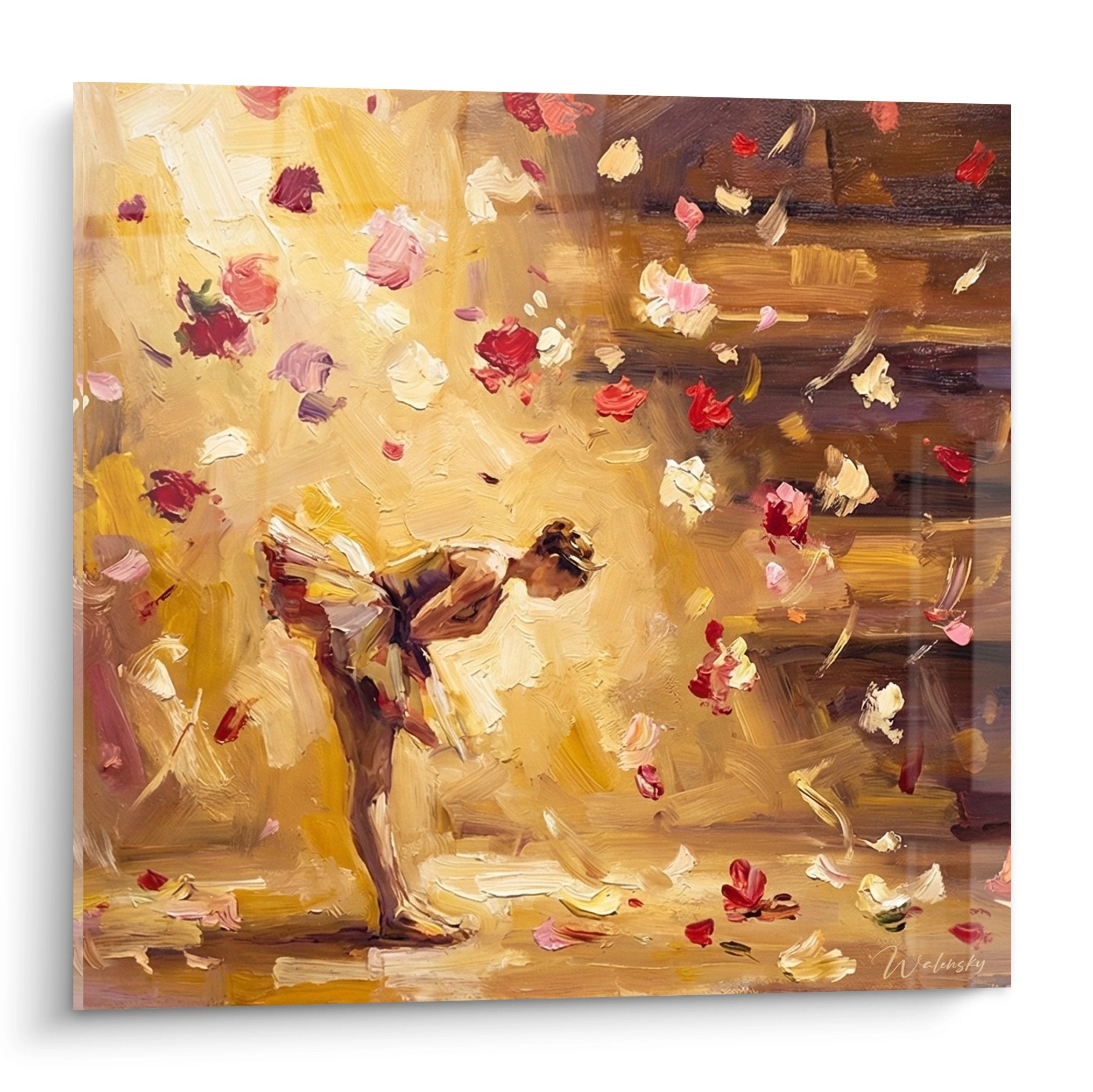 Impressionistisches Wandbild einer Tänzerin im wirbelnden Blütensturm mit warmen Goldtönen und expressiven Pinselstrichen