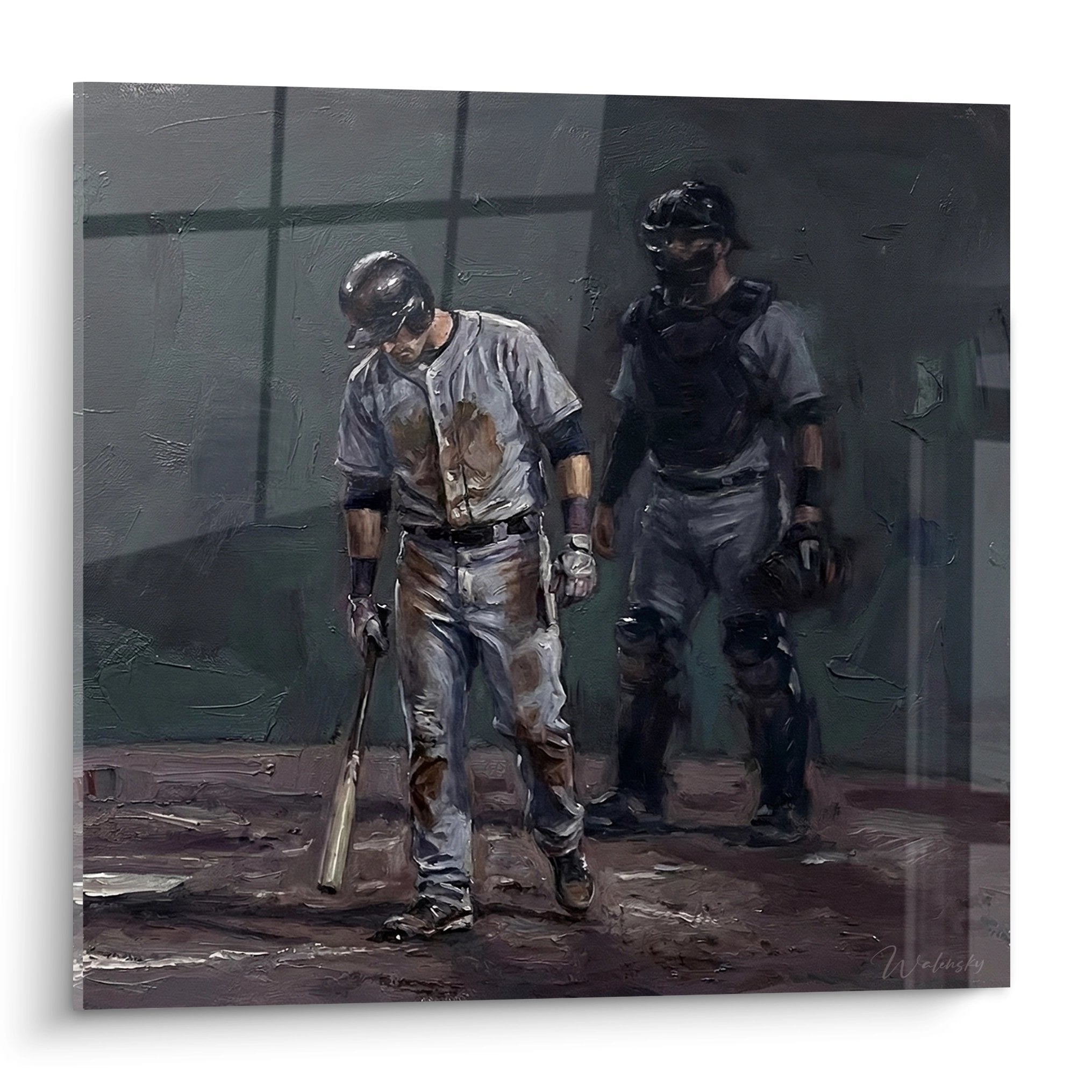 Baseball Wandbild zeigt Spieler und Schiedsrichter auf dem Feld in realistischer Malerei