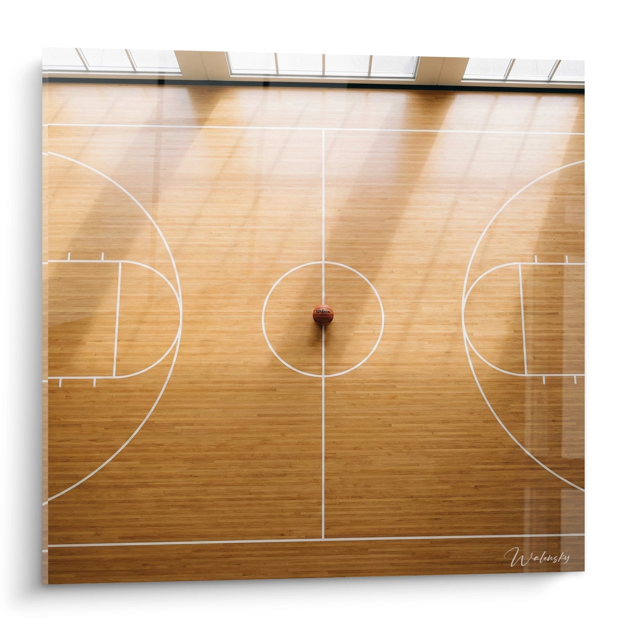 Wandbild Basketballplatz von oben mit Basketball im Zentrum auf Holzboden mit weißen Linien