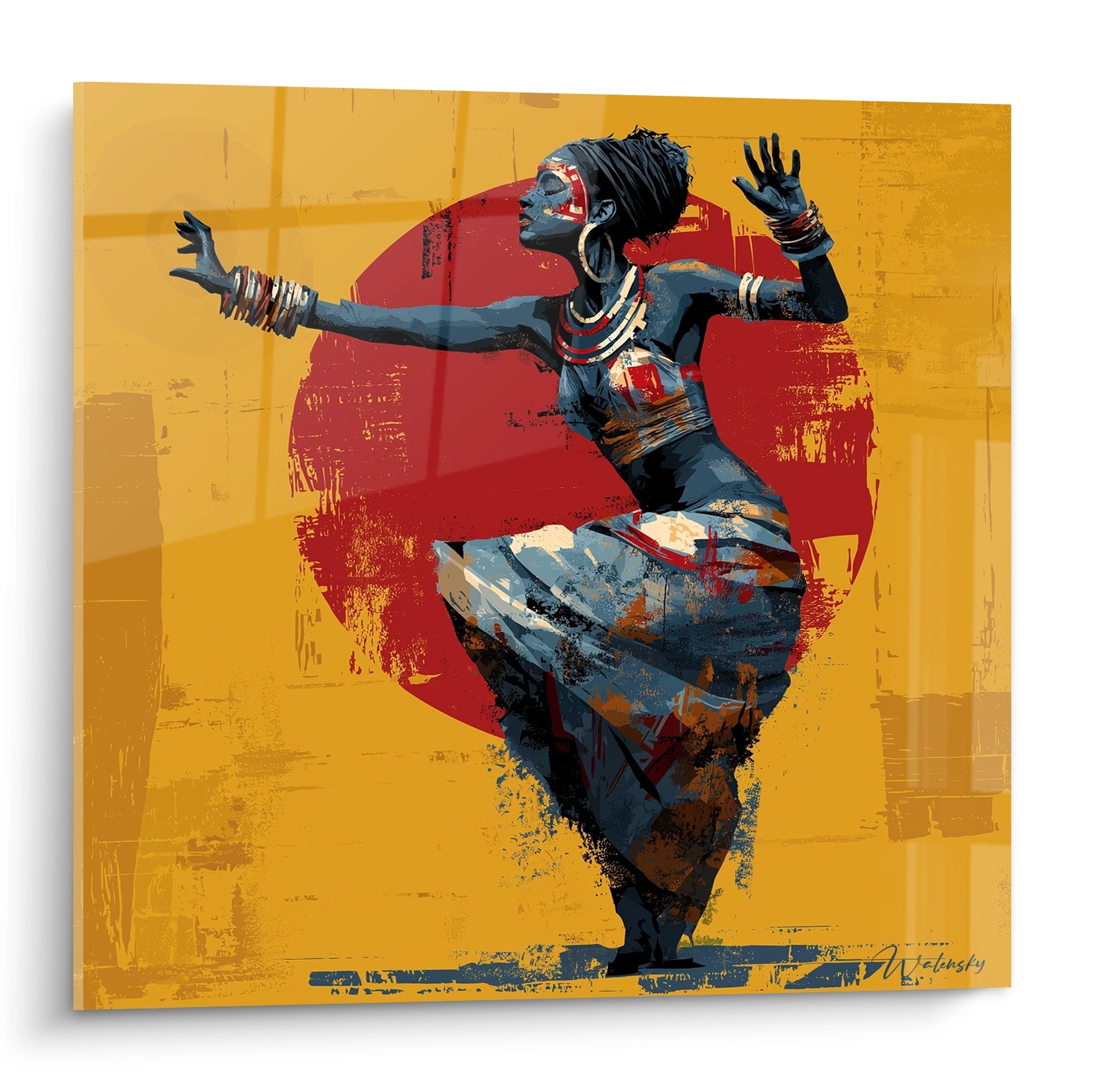 Wandbild einer traditionellen afrikanischen Tänzerin in dynamischer Pose mit warmem Farbschema