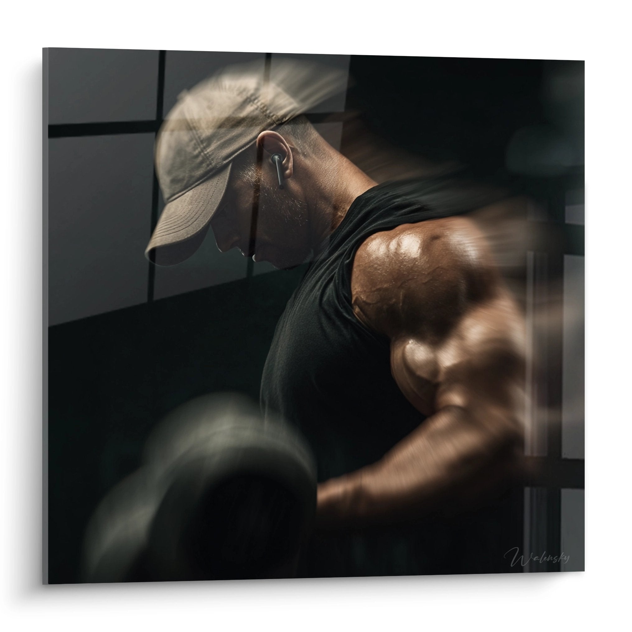 Dynamisches Schwarz-Weiß Wandbild eines Boxers im Training mit Bewegungsunschärfe und kraftvoller Ausstrahlung