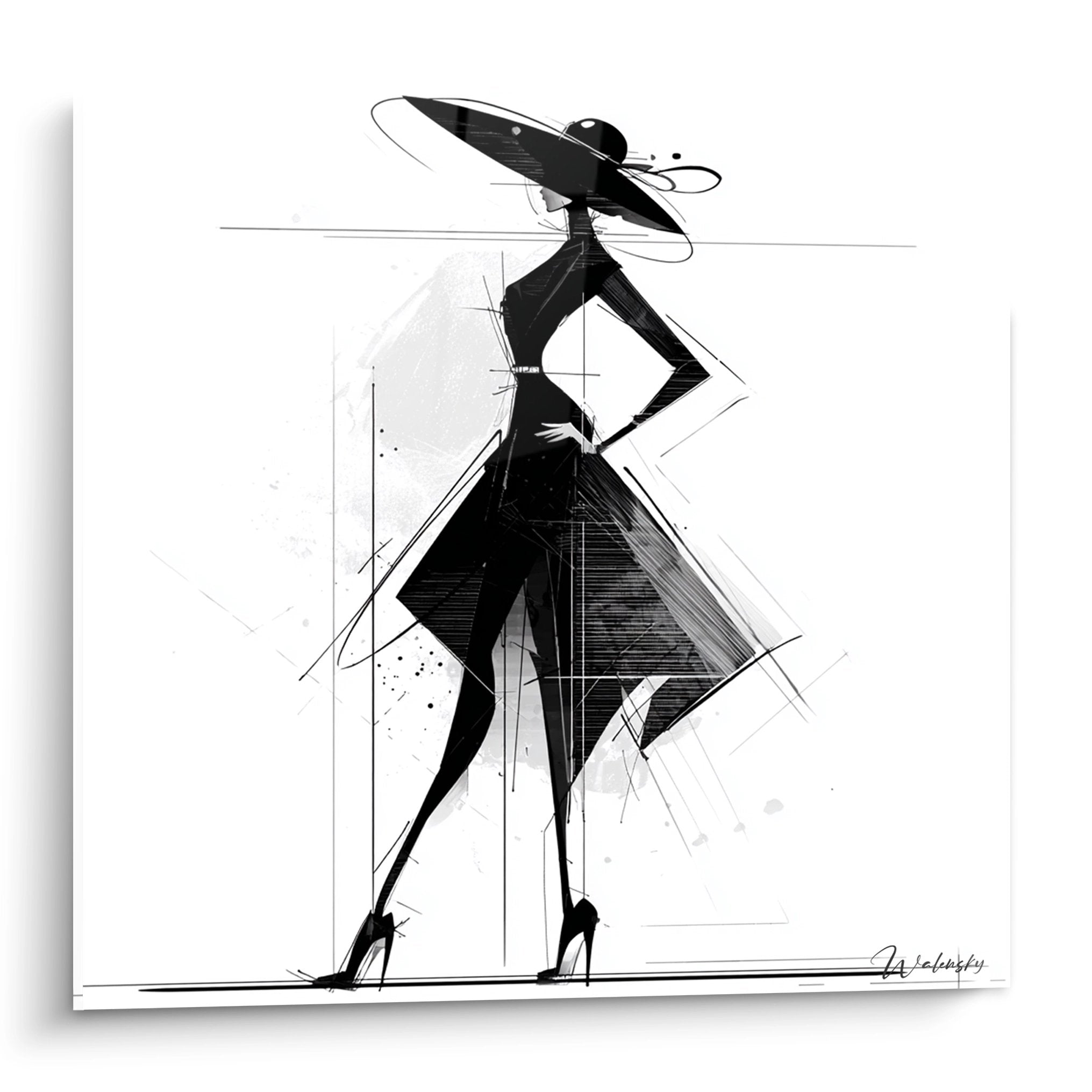 Wandbild elegante Dame mit Hut in geometrischem Schwarz-Weiß-Design mit architektonischen Linien