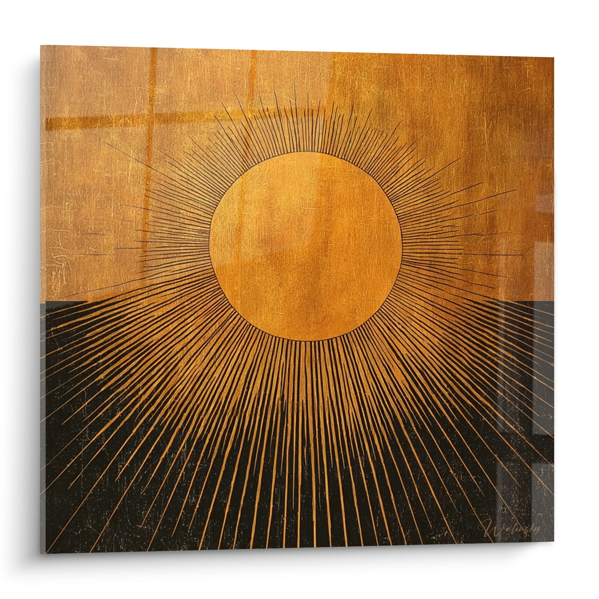 Wandbild goldene Sonne mit Strahlen über schwarzer afrikanischer Savanne in warmen Goldtönen