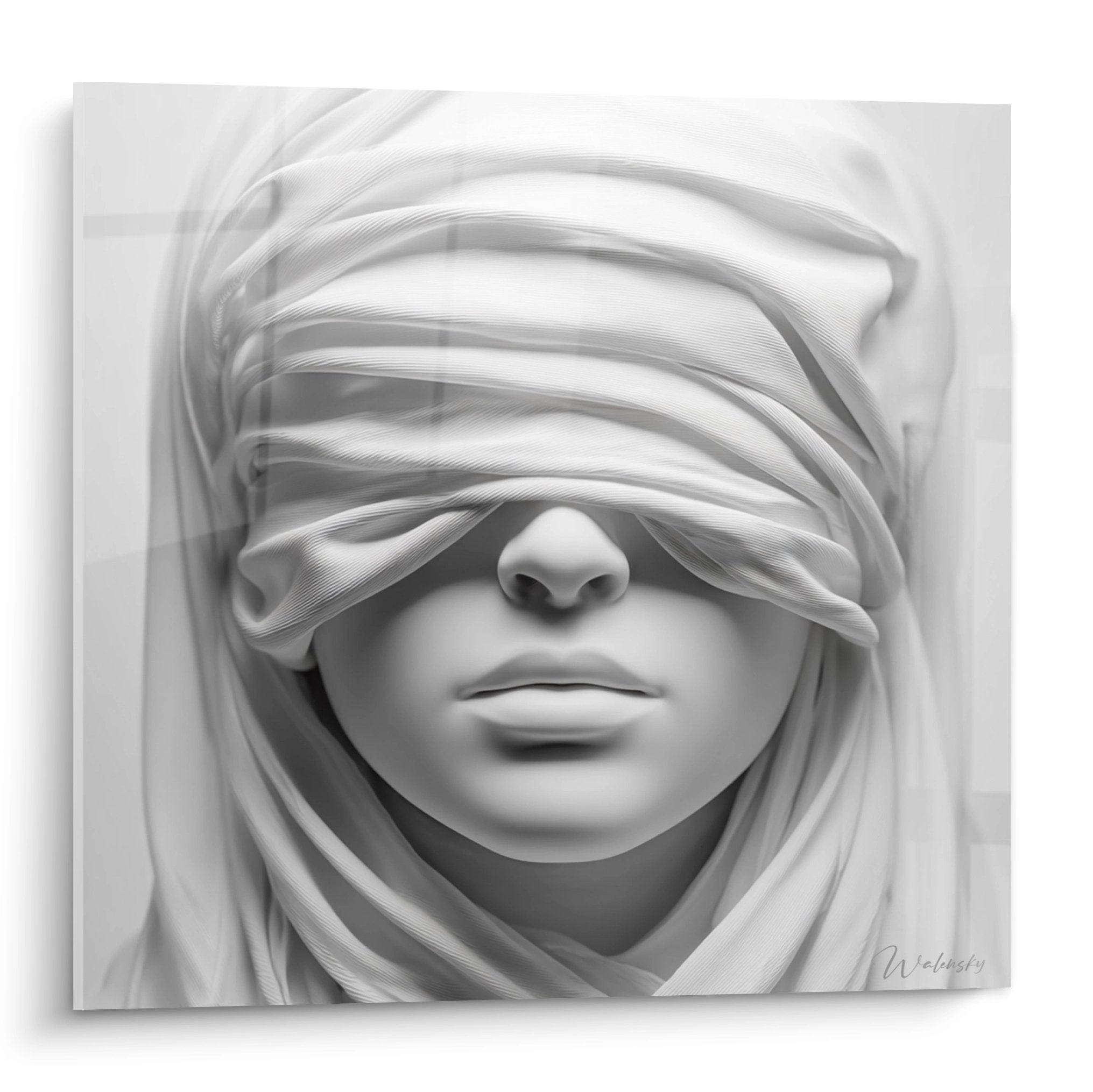 Wandbild verhülltes Gesicht mit fließenden Stoffbahnen in schwarz-weiß, mystische abstrakte Kunst für Wanddekoration