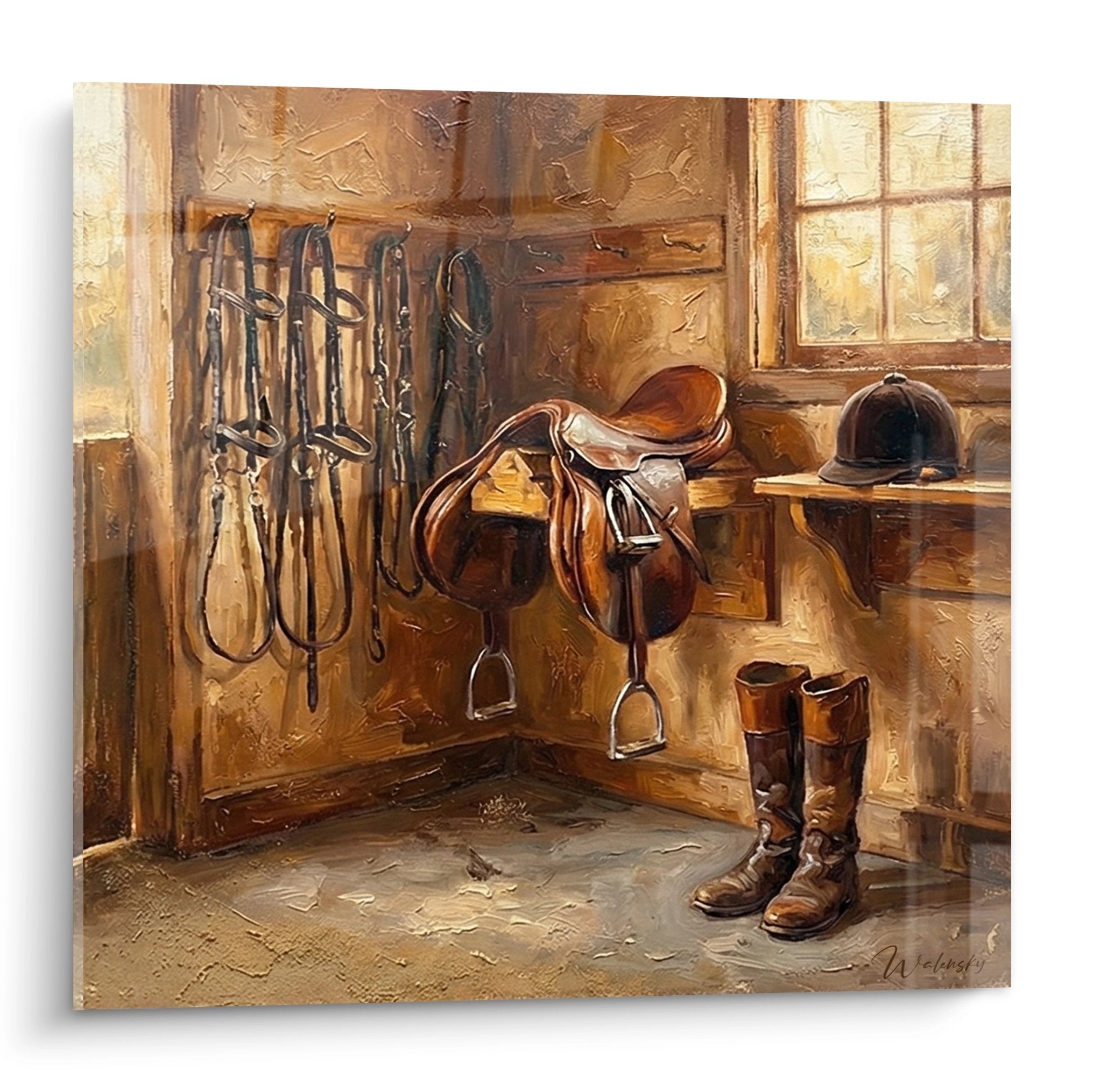 Wandbild traditionelle Sattelkammer mit Reitsätteln und Pferdeausrüstung in warmen Brauntönen