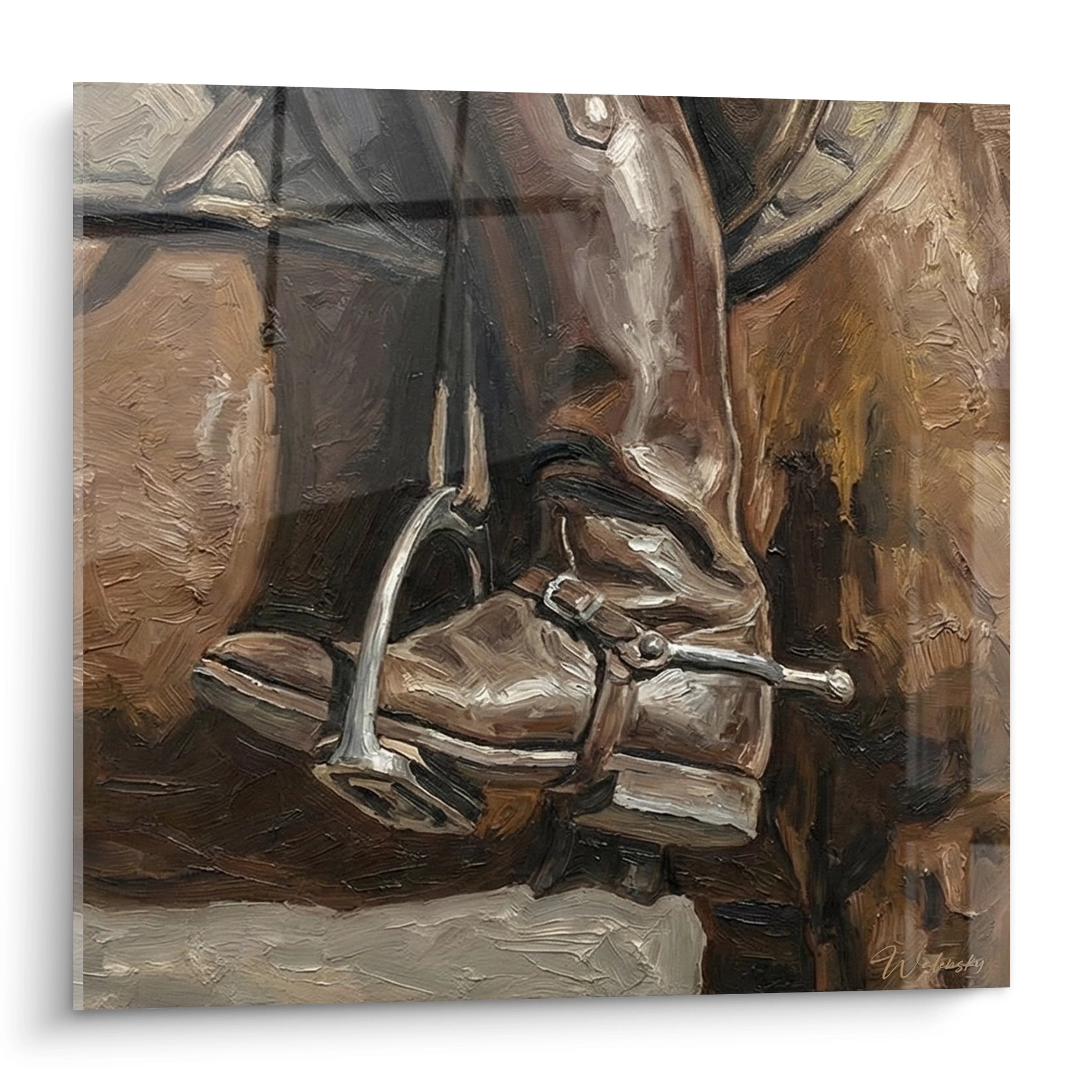 Edles Wandbild mit klassischen braunen Reitstiefeln und silbernen Sporen in warmem Licht gemalt