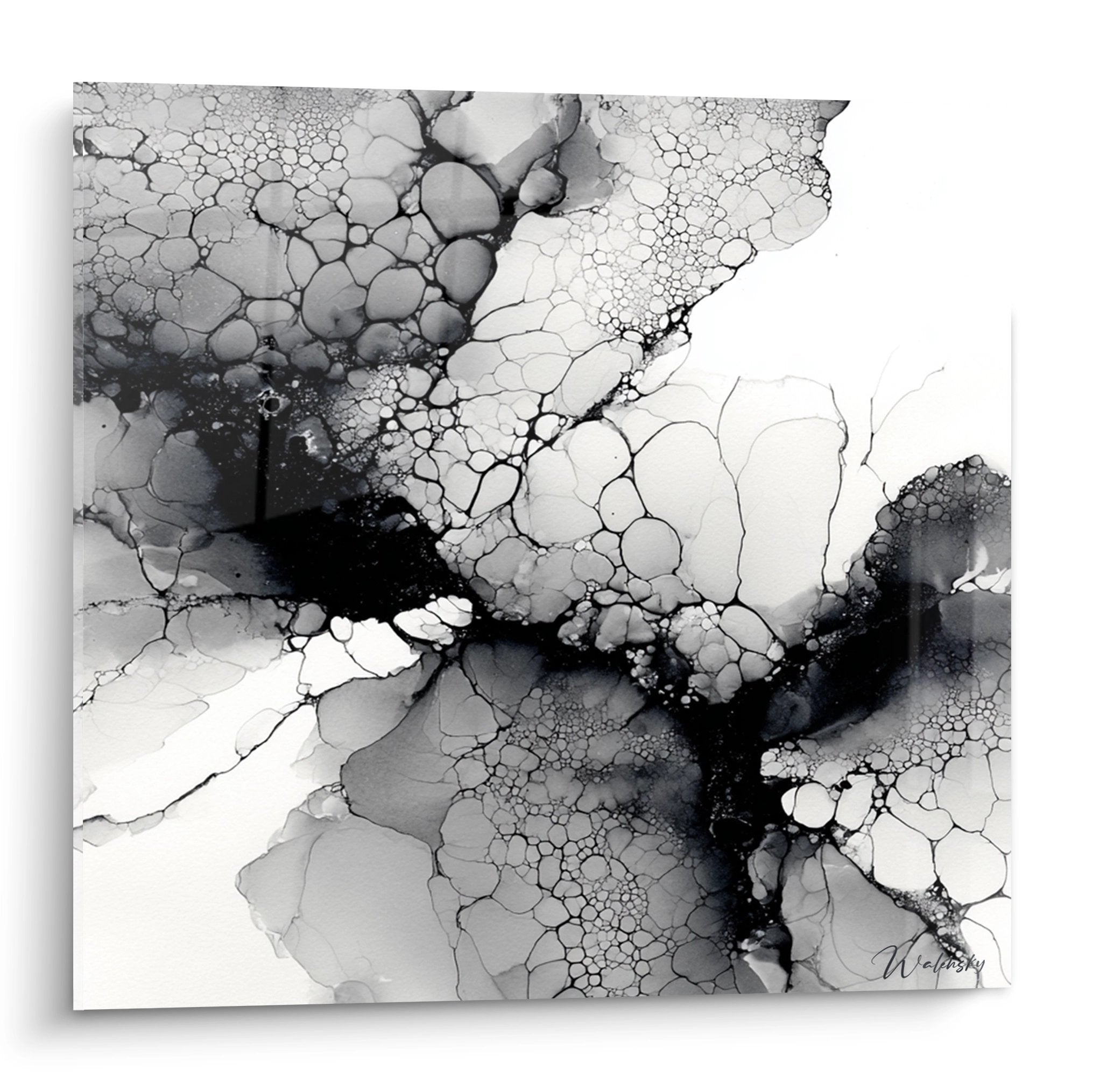 Abstraktes schwarz-weiß Wandbild mit organischen zellulären Strukturen und fließenden Formen für moderne Raumgestaltung
