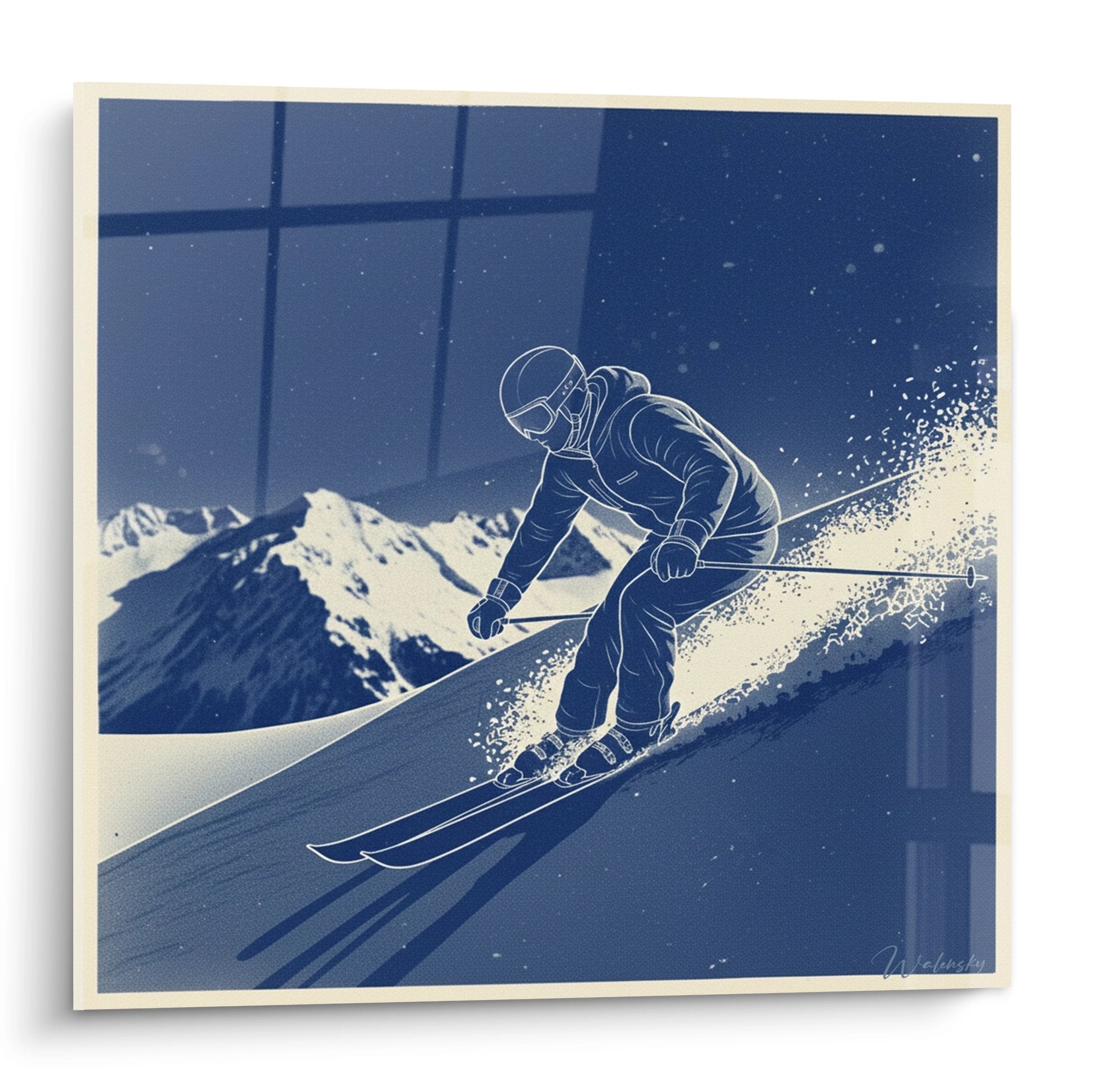 Wandbild Skifahrer im blauen Pulverschnee vor Bergpanorama, dynamische Wintersport Kunst