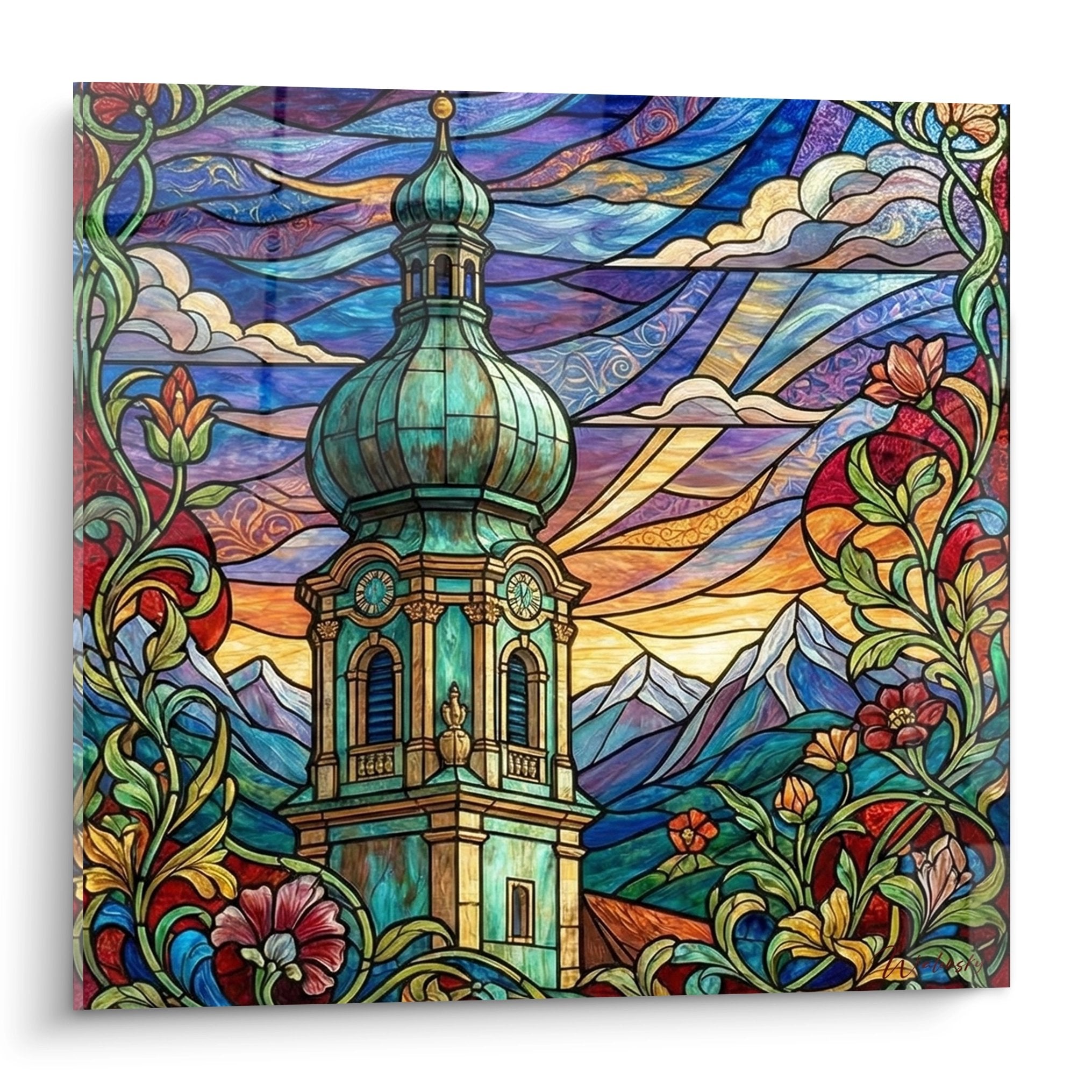 Wandbild einer Alpenkirche mit Zwiebelturm im Jugendstil mit bunten Glasfenster-Optik und Bergpanorama