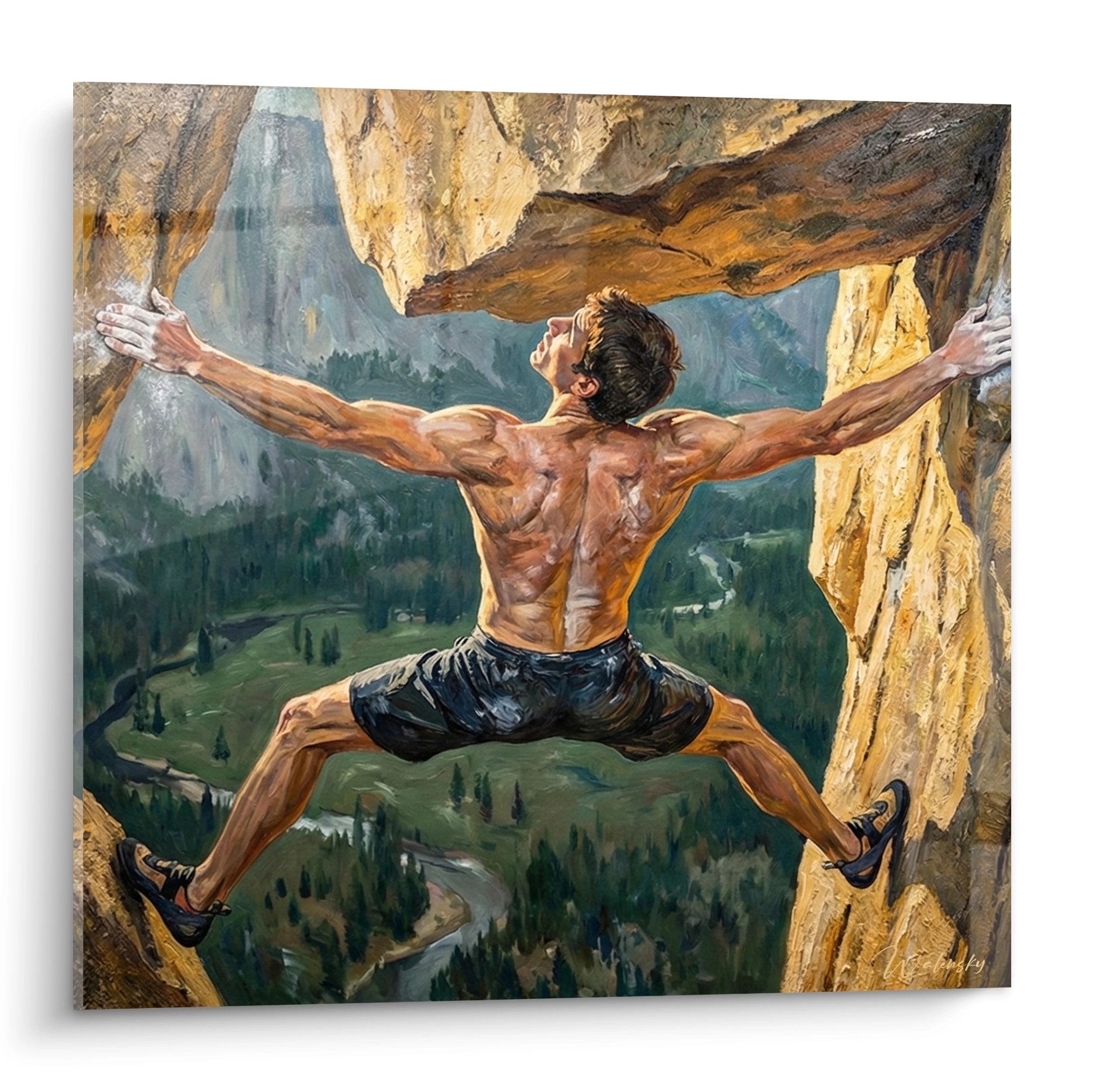 Wandbild zeigt muskulösen Kletterer mit ausgebreiteten Armen in Felsspalte über grüner Berglandschaft