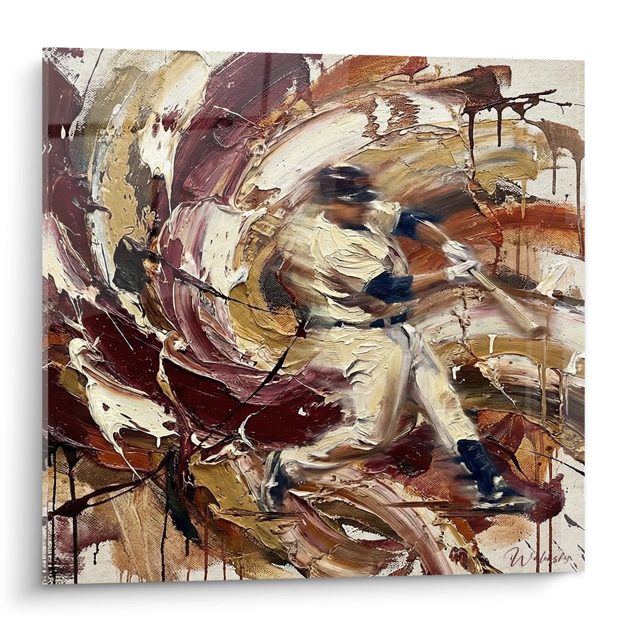 Abstraktes Wandbild mit dynamischen Pinselstrichen in Braun- und Beigetönen, Baseball-inspirierte Kunst