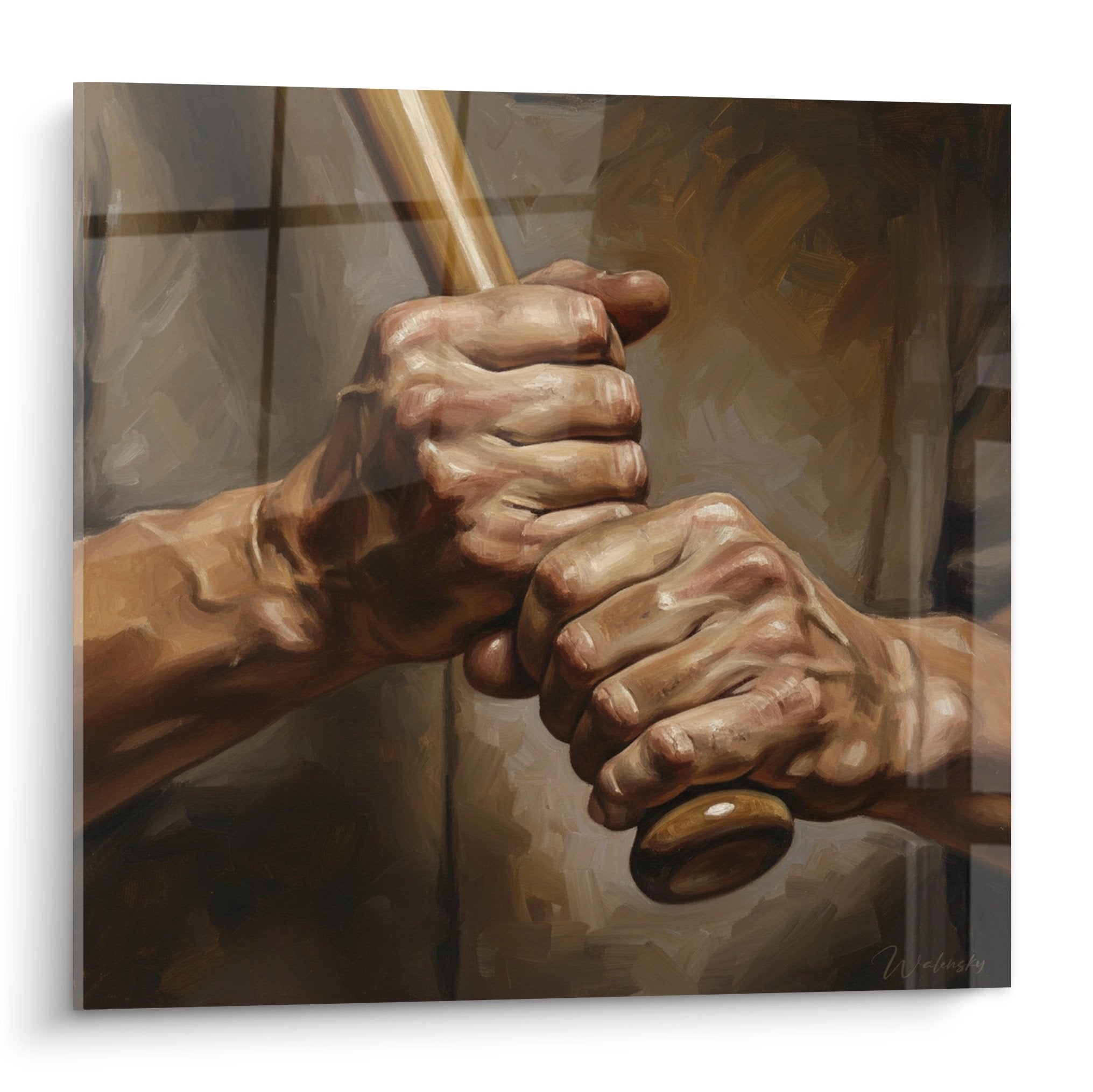 Wandbild zeigt kraftvolle Hände die einen Baseballschläger greifen in warmen Brauntönen gemalt