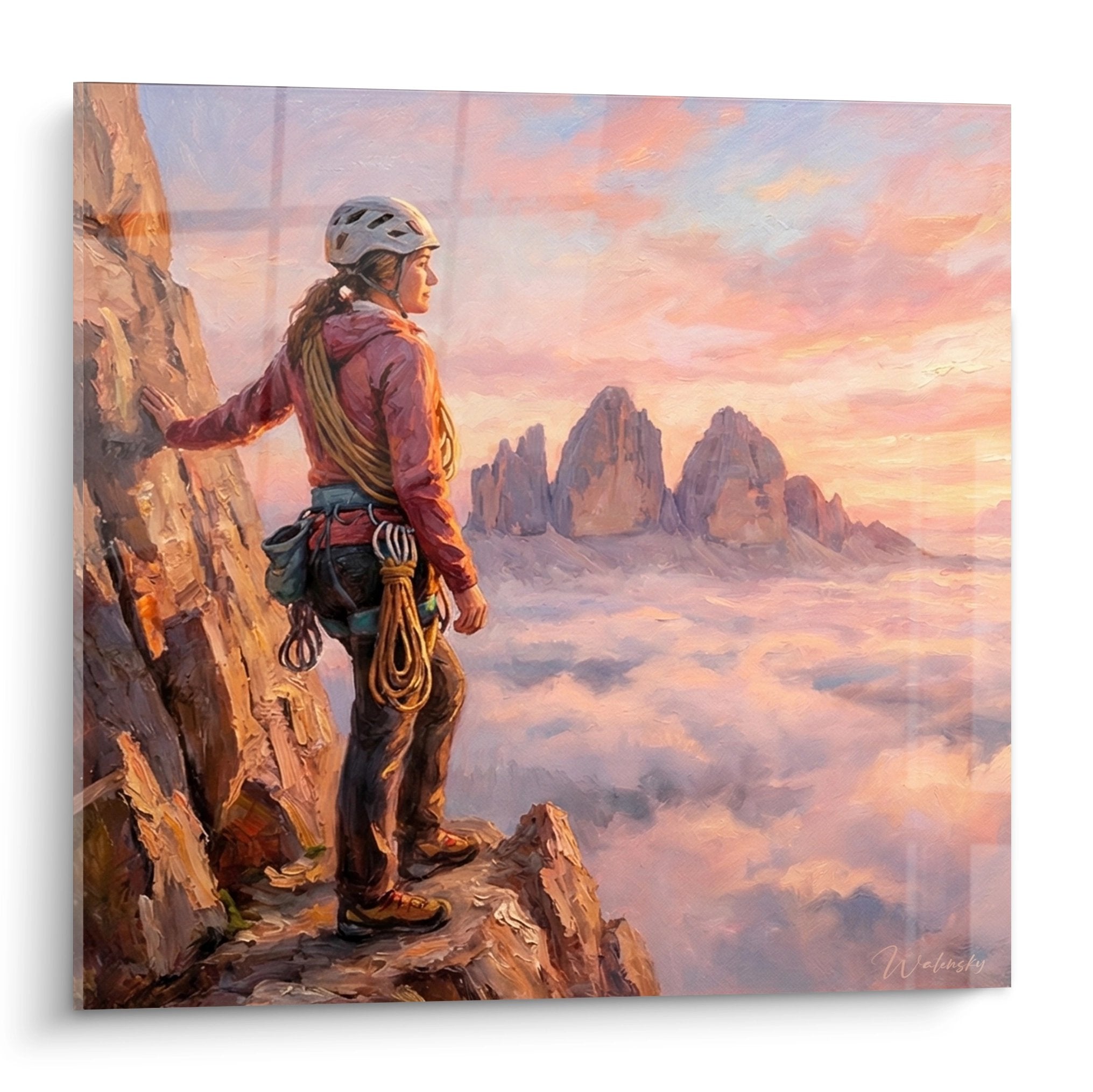 Wandbild einer Bergsteigerin bei Sonnenuntergang mit Blick über Wolken und Berggipfel - Klettern Dekoration
