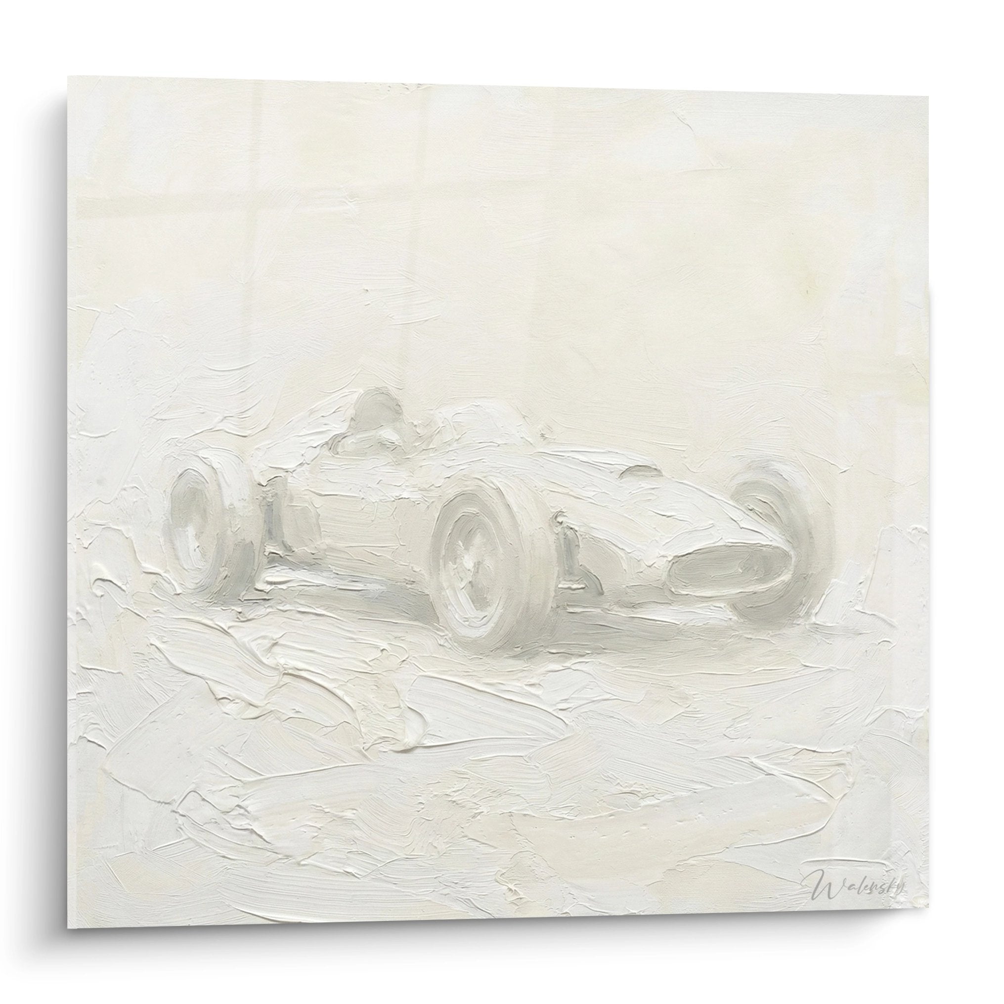 Wandbild Formel 1 Rennwagen in weißem Relief mit strukturierter Maltechnik und monochromer Eleganz
