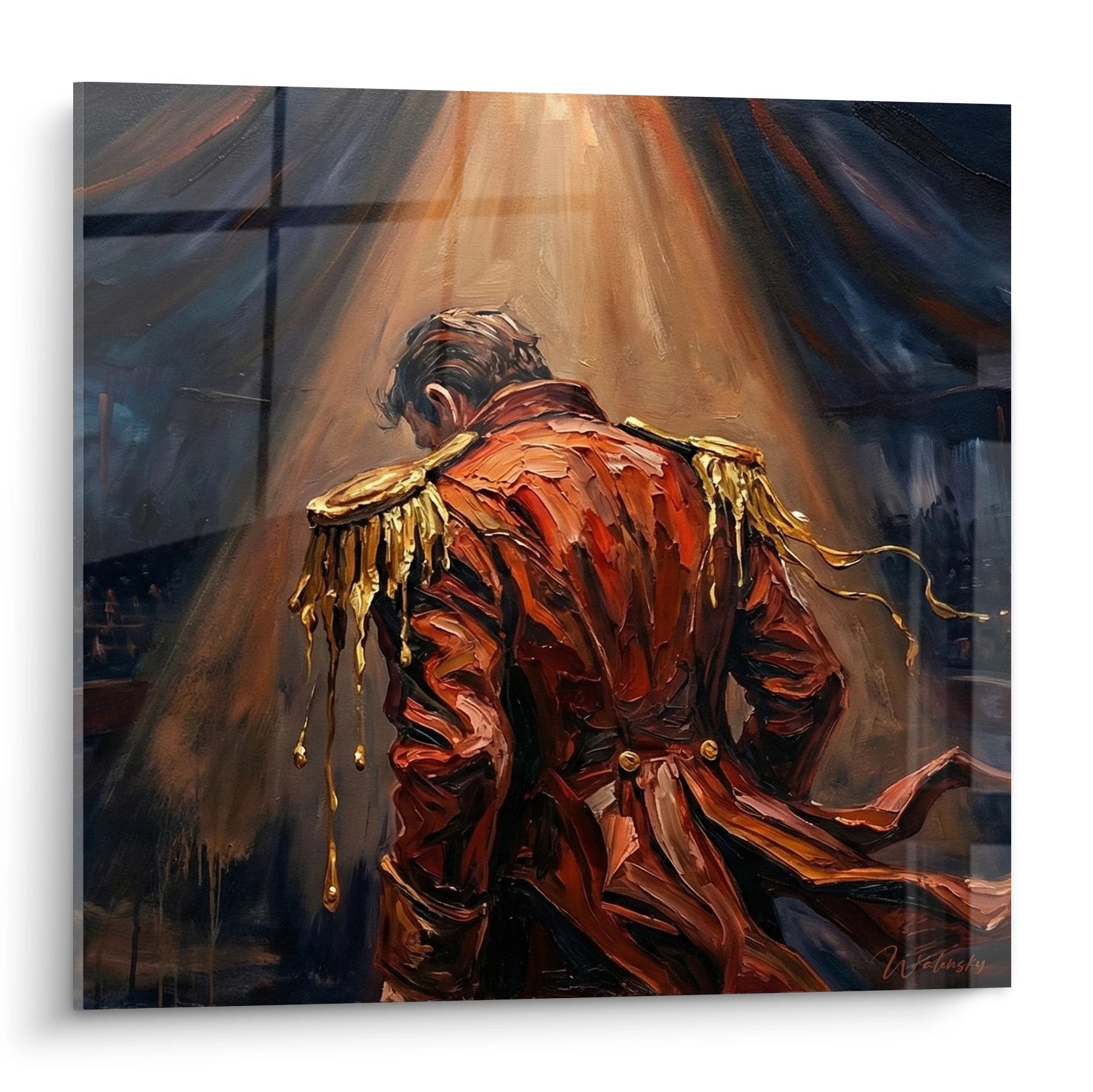 Wandbild Ringmaster in roter Uniform mit goldenen Epauletten im dramatischen Scheinwerferlicht der Zirkusmanege