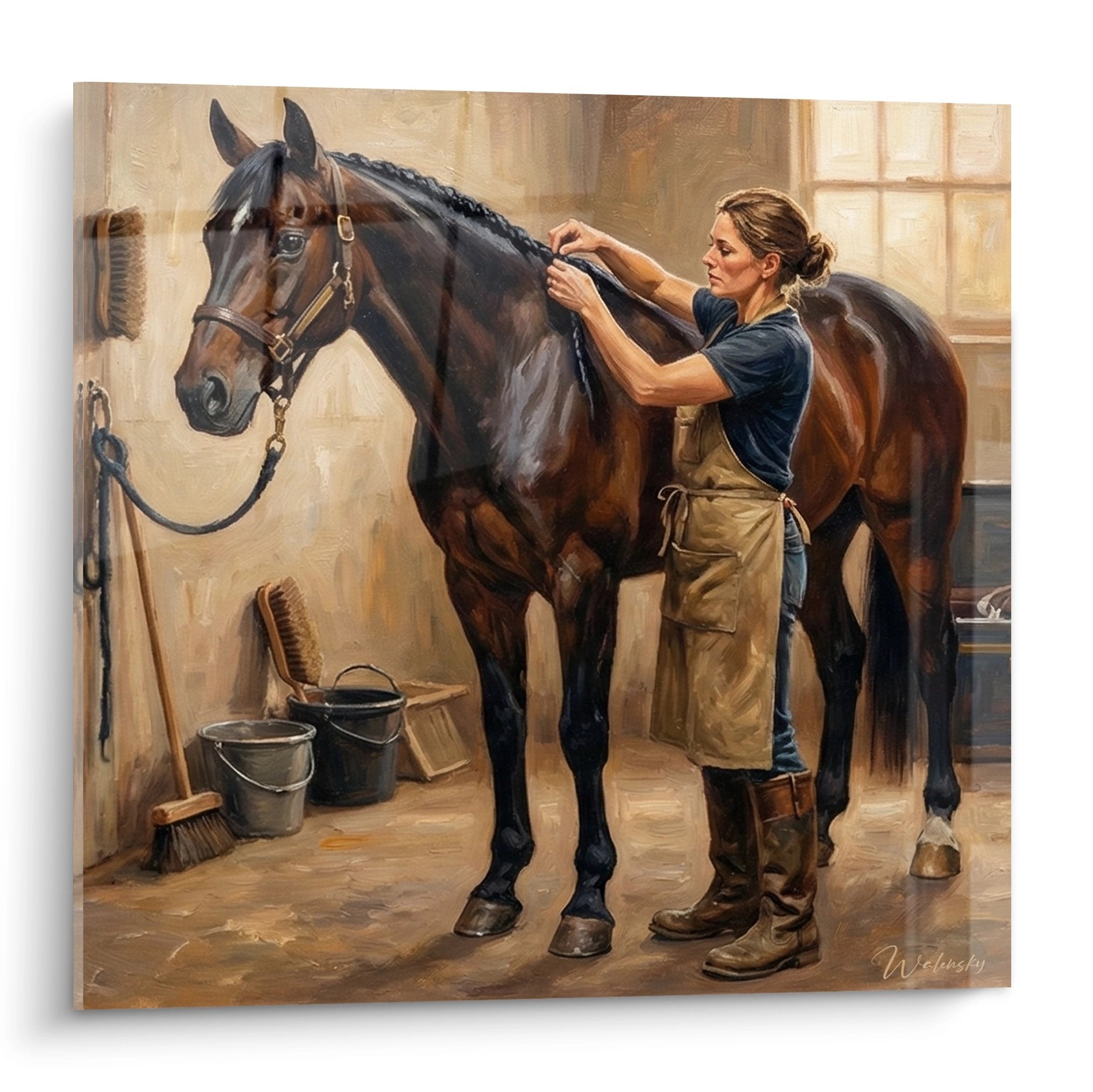 Wandbild zeigt Reiterin beim Pflegen der Pferdemähne im warmen Stalllicht mit Putzutensilien