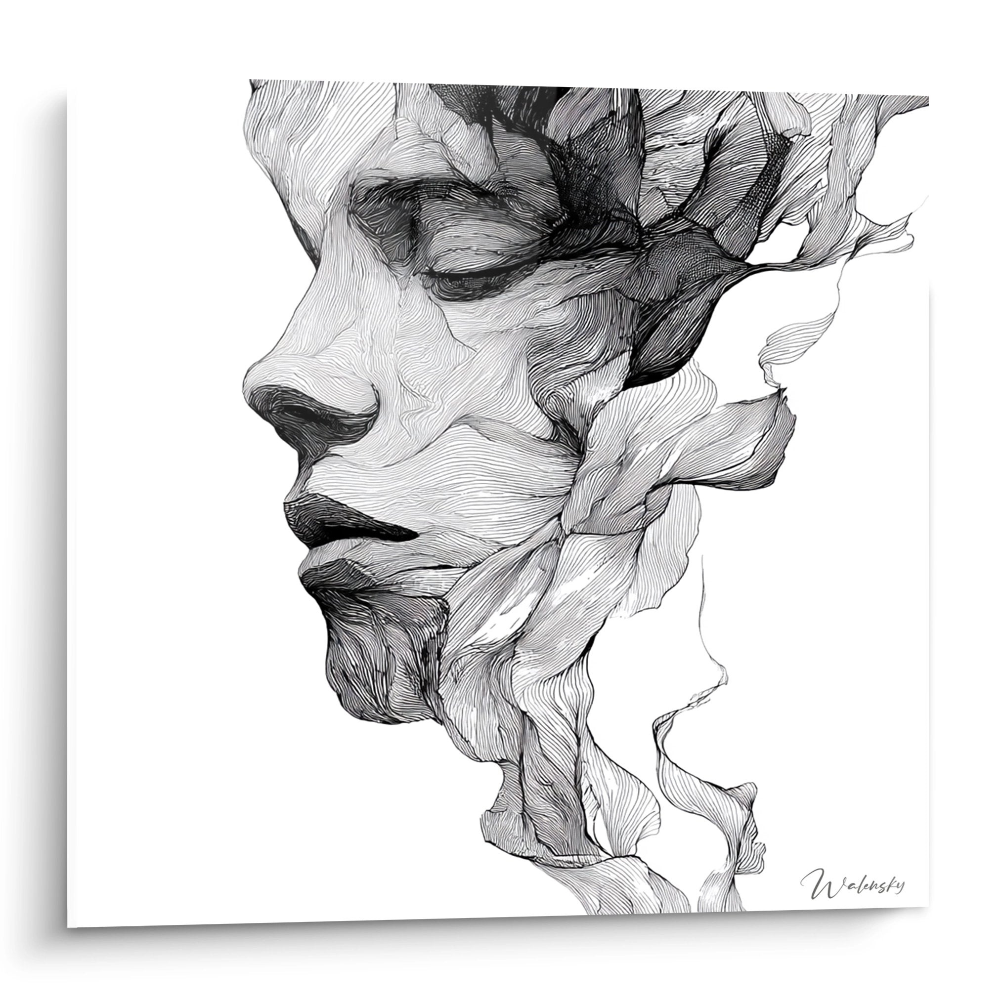 Schwarz-weiß Wandbild eines fragmentierten Gesichts mit floralen Ornamenten in abstrakter Strichzeichnung