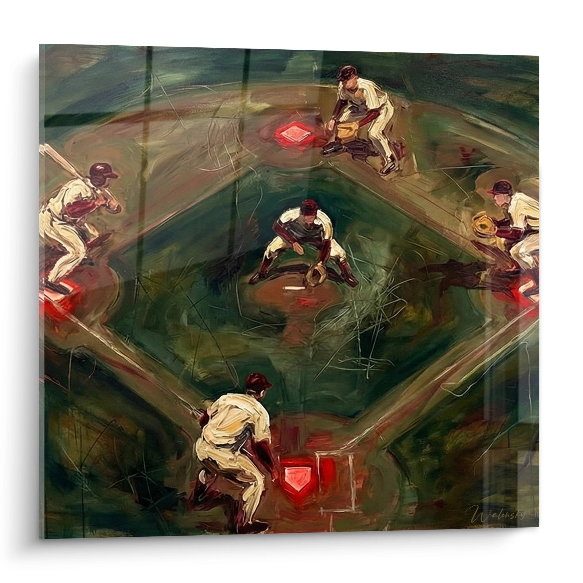 Baseball Wandbild zeigt Spielfeld von oben mit Spielern in weißen Uniformen und roten Bases auf grünem Diamant
