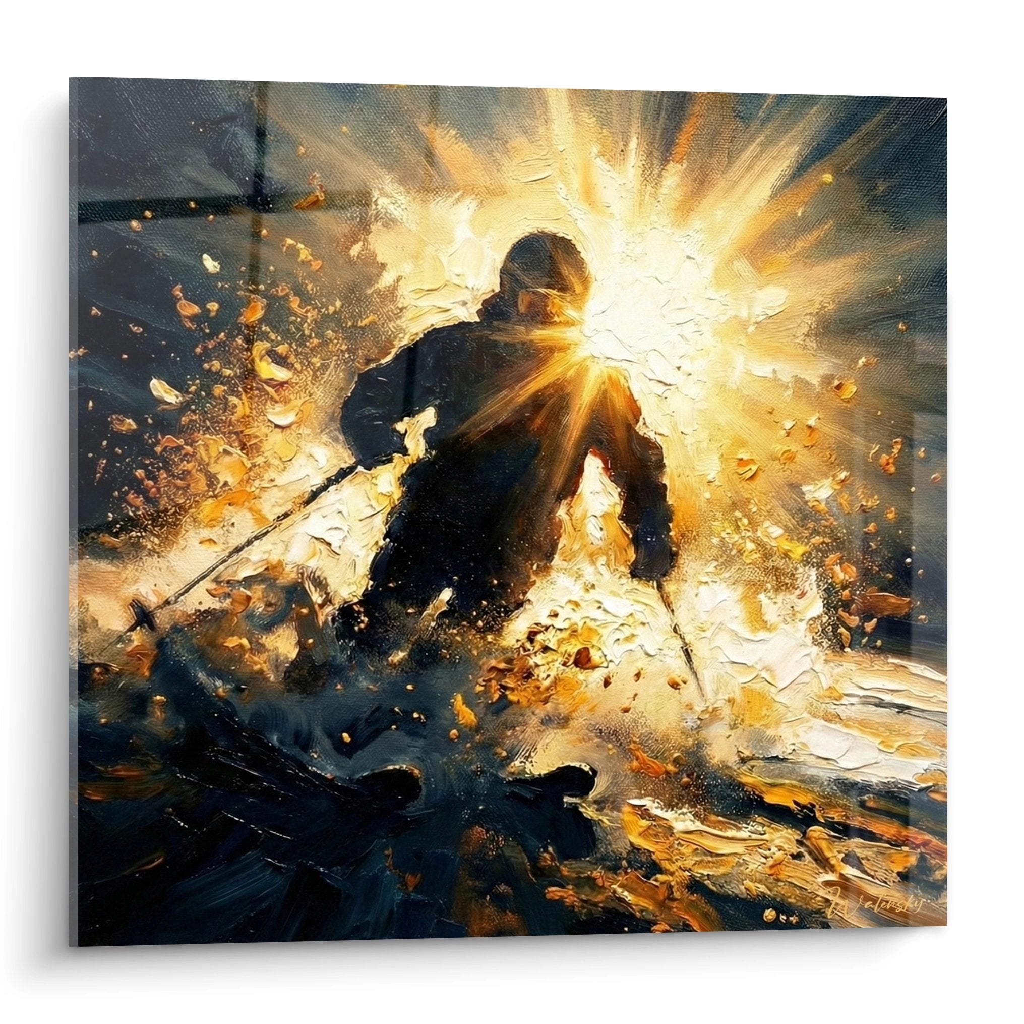 Wandbild zeigt Skifahrer in spektakulärer goldener Explosion mit wirbelnden Partikeln auf Leinwand