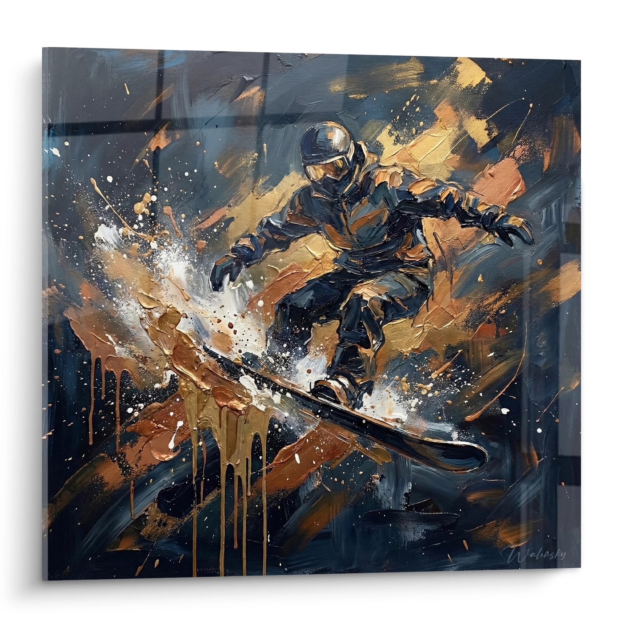 Dynamisches Snowboard-Wandbild mit Fahrer in goldenen Farbtönen und Schneewolke