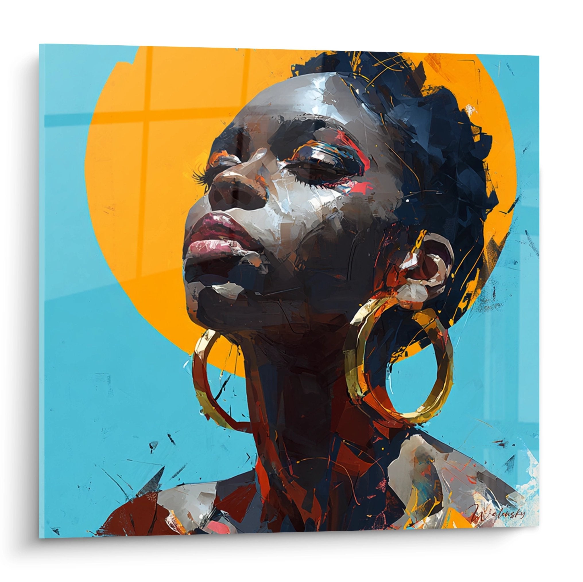 Modernes Wandbild einer eleganten afrikanischen Frau mit goldenen Ohrringen in Orange und Türkis