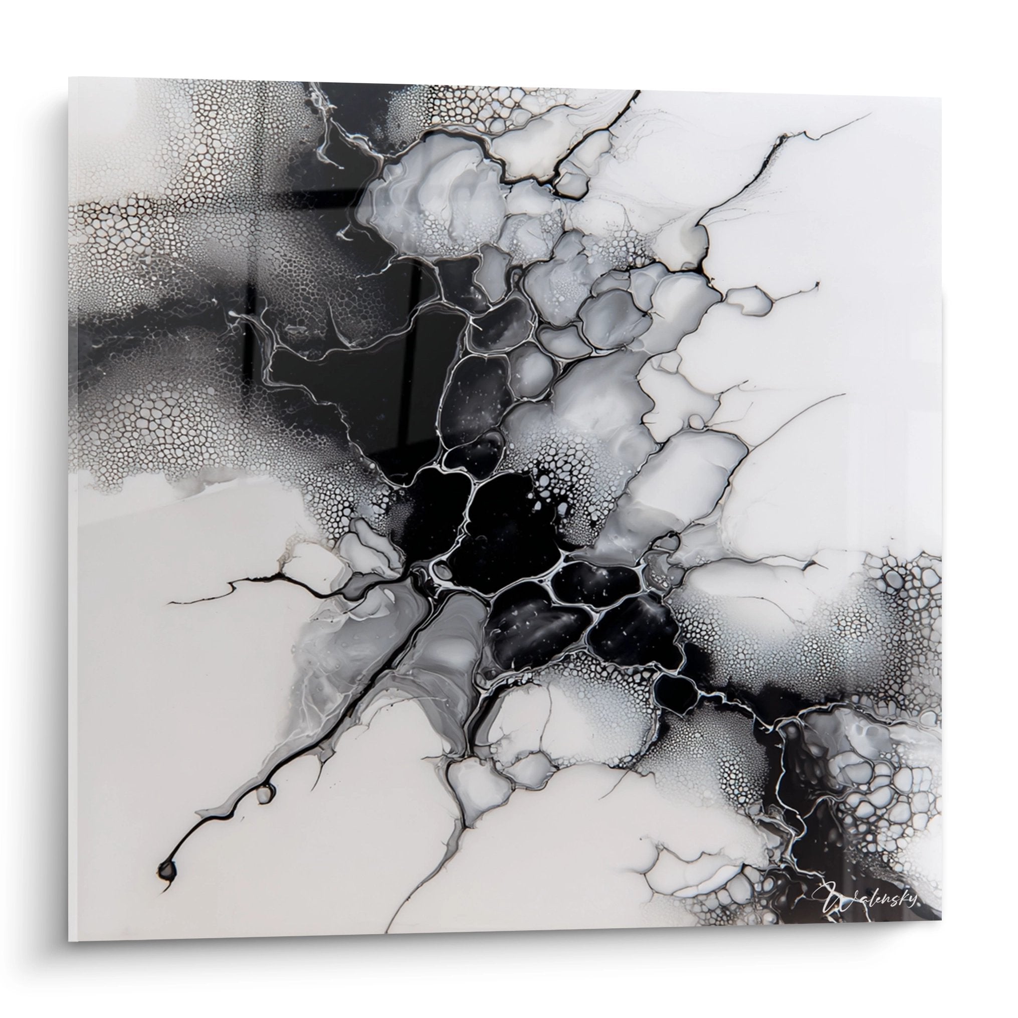 Abstraktes Wandbild mit schwarzen und weißen organischen Formen in Fluidkunst-Technik für moderne Wanddekoration