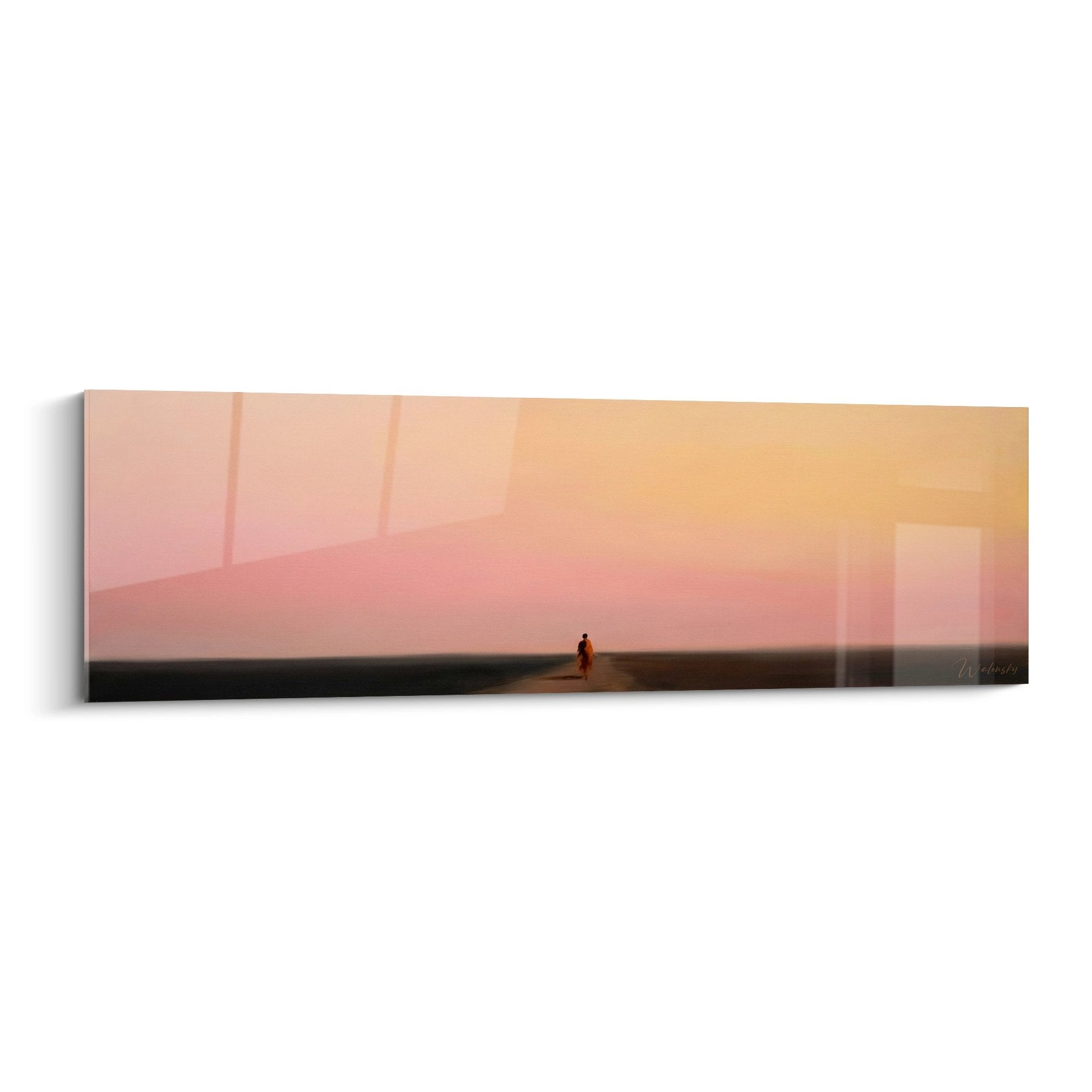 Wandbild zeigt Läufer-Silhouette bei Sonnenuntergang in warmen Rosa-Orange Tönen, Panoramaformat für Laufsport-Dekoration